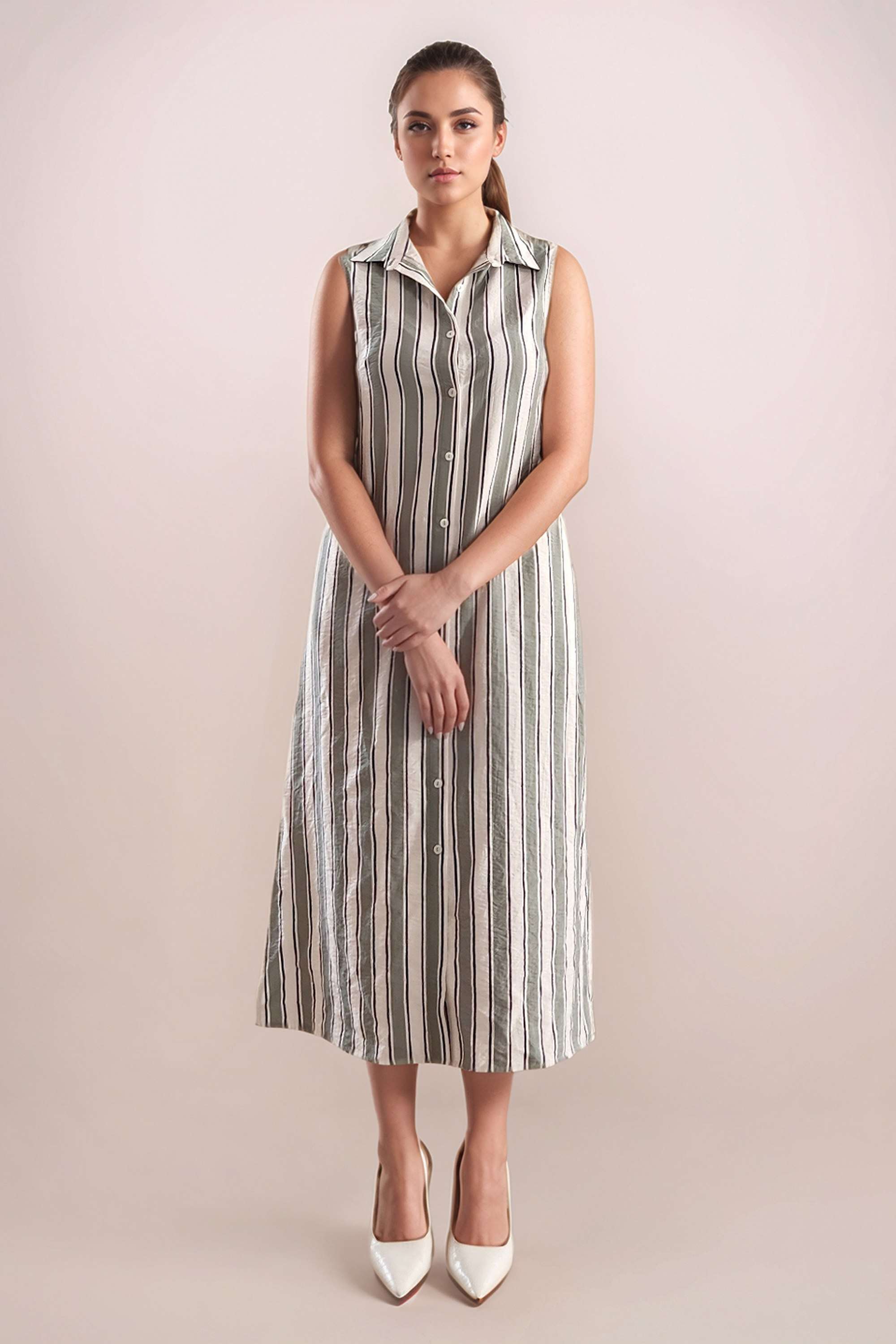 Stripes-Blended-Fabric-Collared-Women-s-Dress