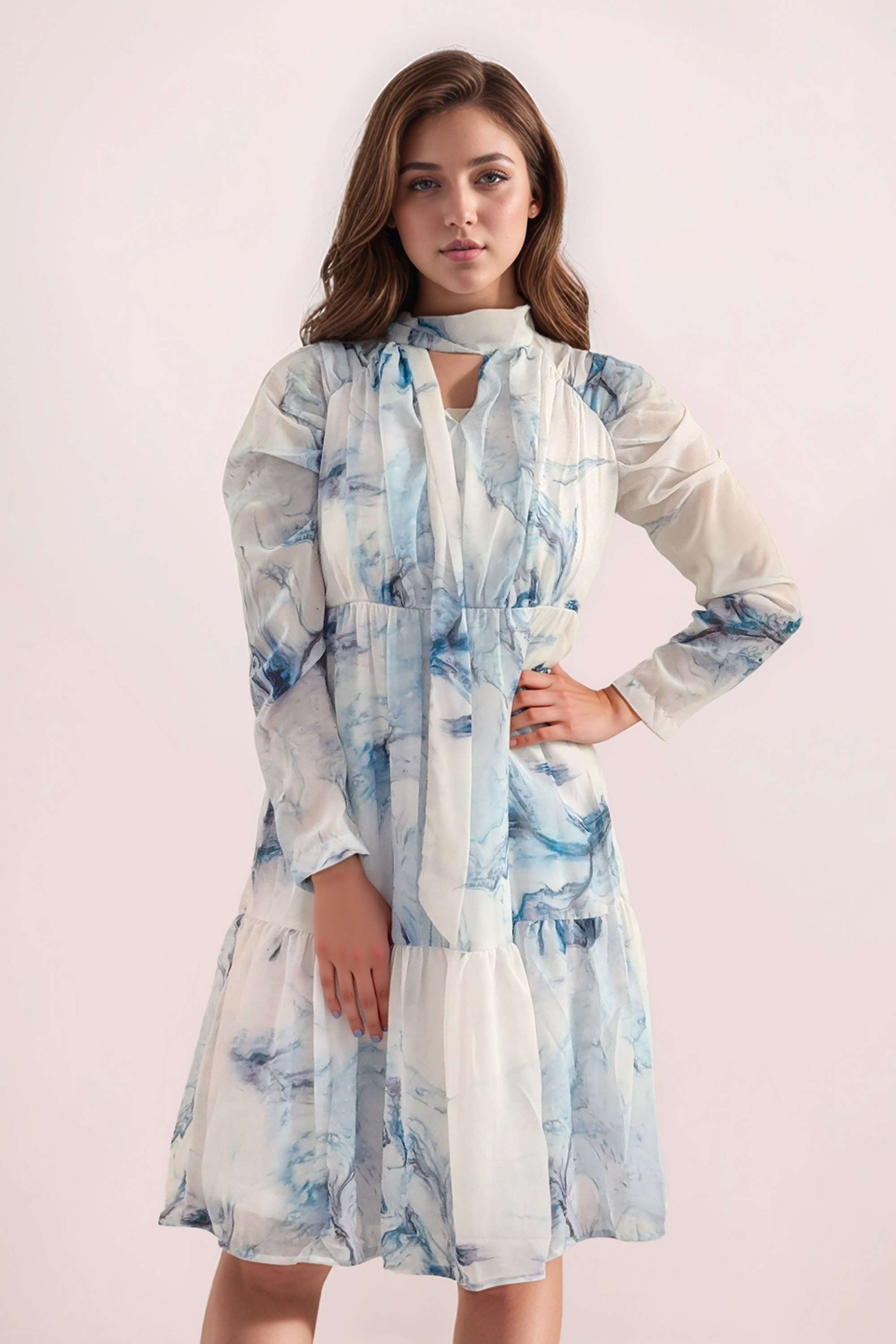 Abstract-Tie-Up-Neck-Polyester-Women-s-Full-Sleeves-Midi-Dress