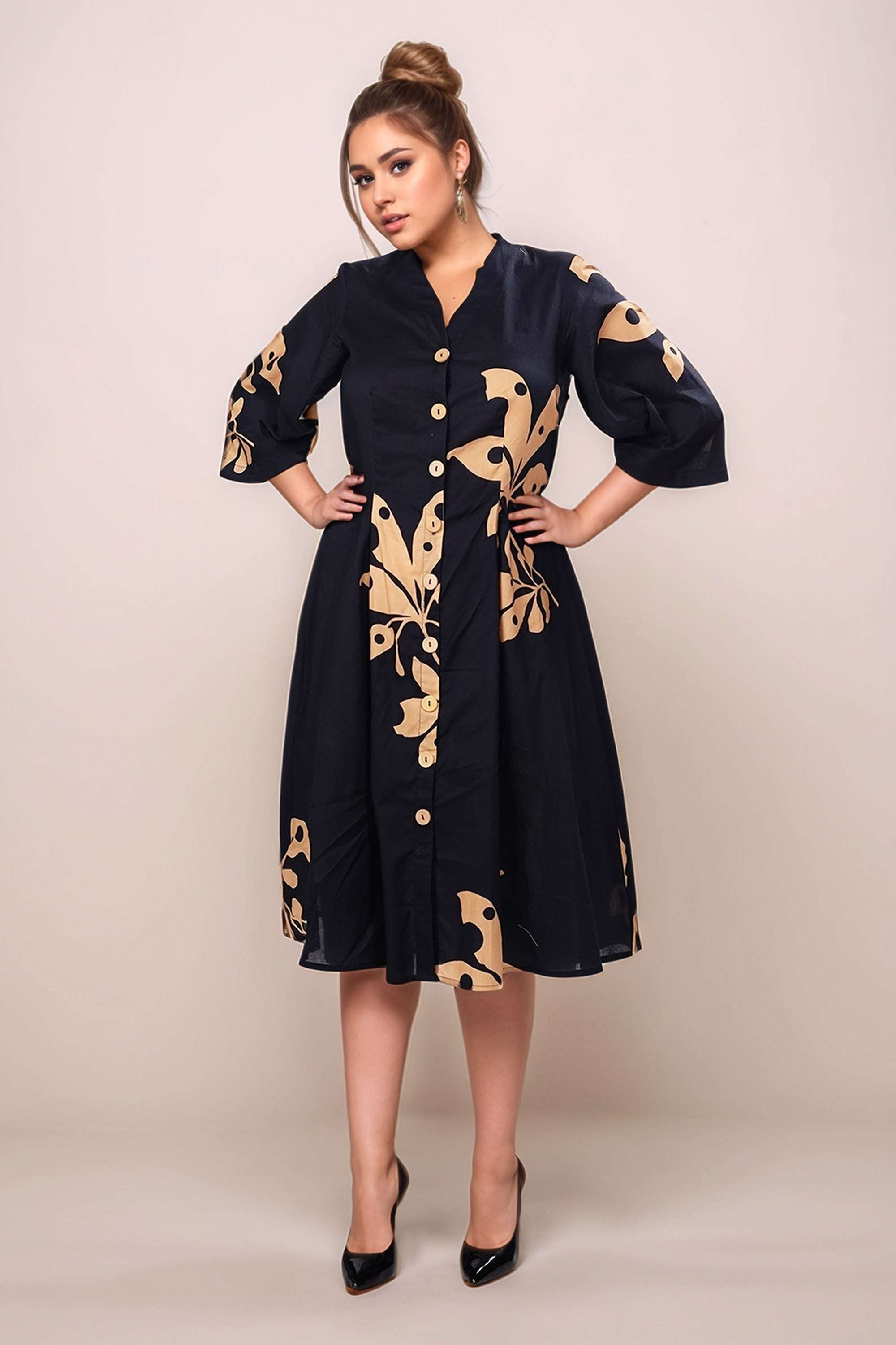 Floral-V-Neck-Cotton-Women-s-3/4-Sleeves-Midi-Dress