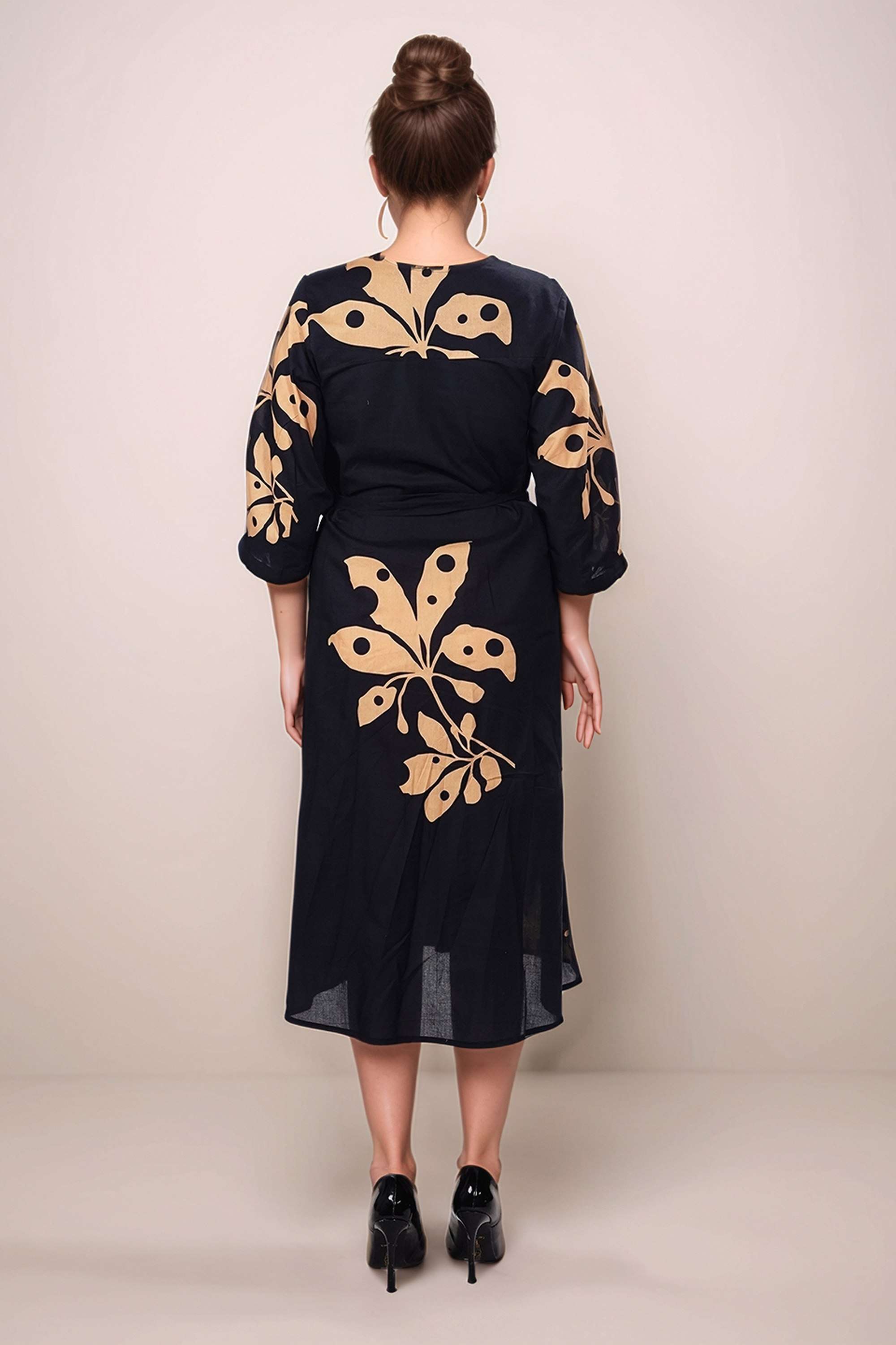 Floral-V-Neck-Cotton-Women-s-3/4-Sleeves-Midi-Dress