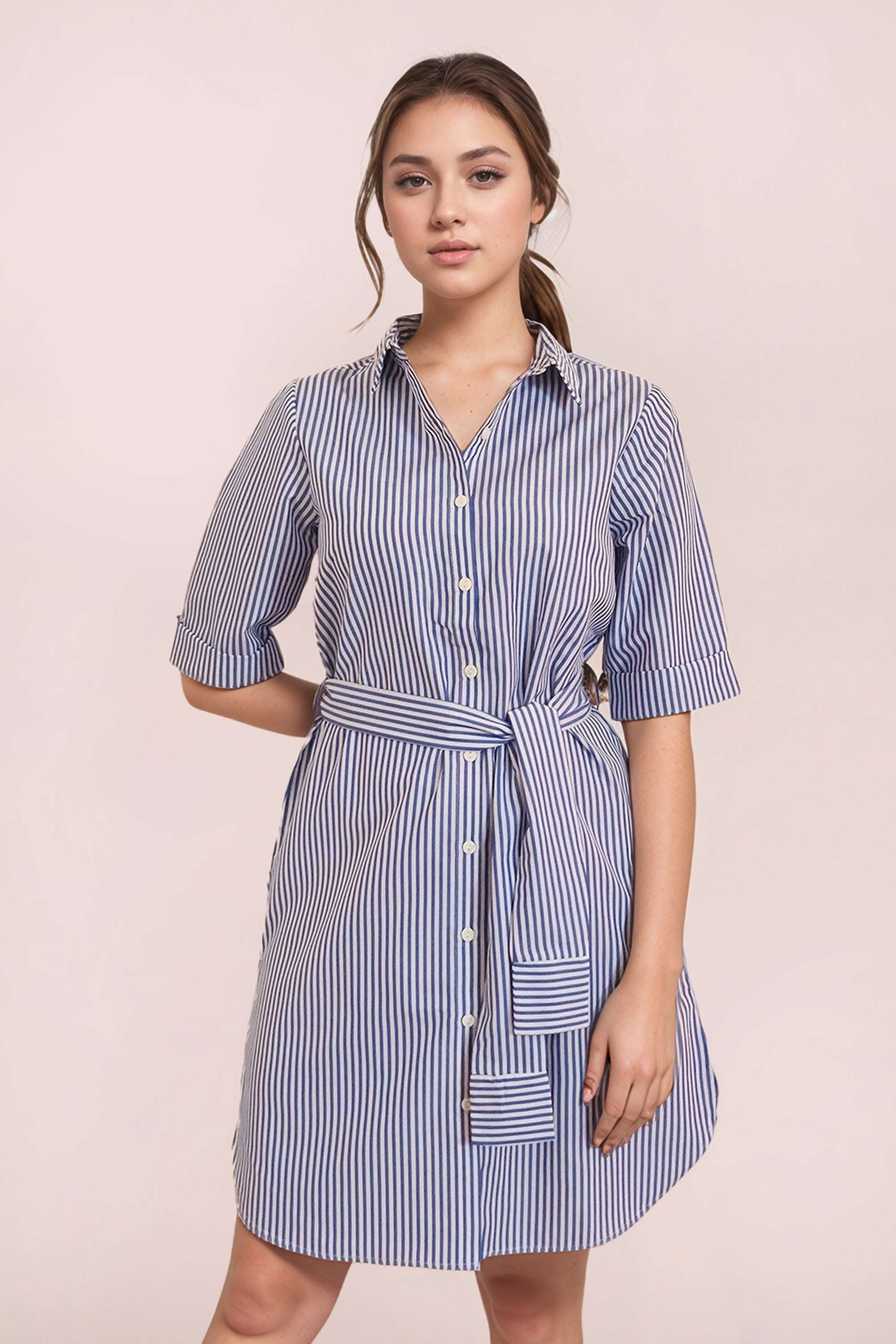 Stripes-Collared-Full-Sleeves-Knee-Length-Polyester-Women-Casual-Wear-Dress