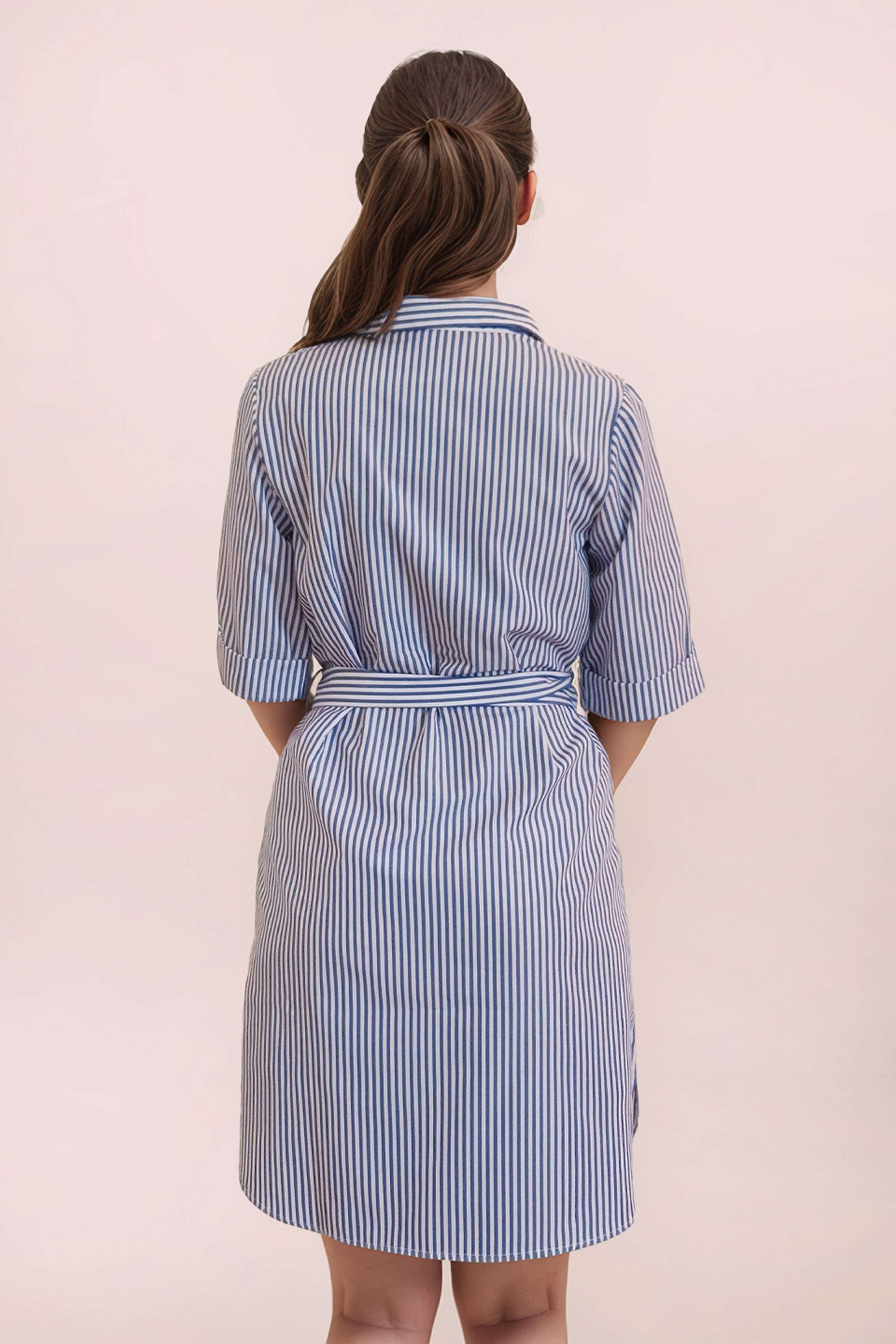 Stripes-Collared-Full-Sleeves-Knee-Length-Polyester-Women-Casual-Wear-Dress