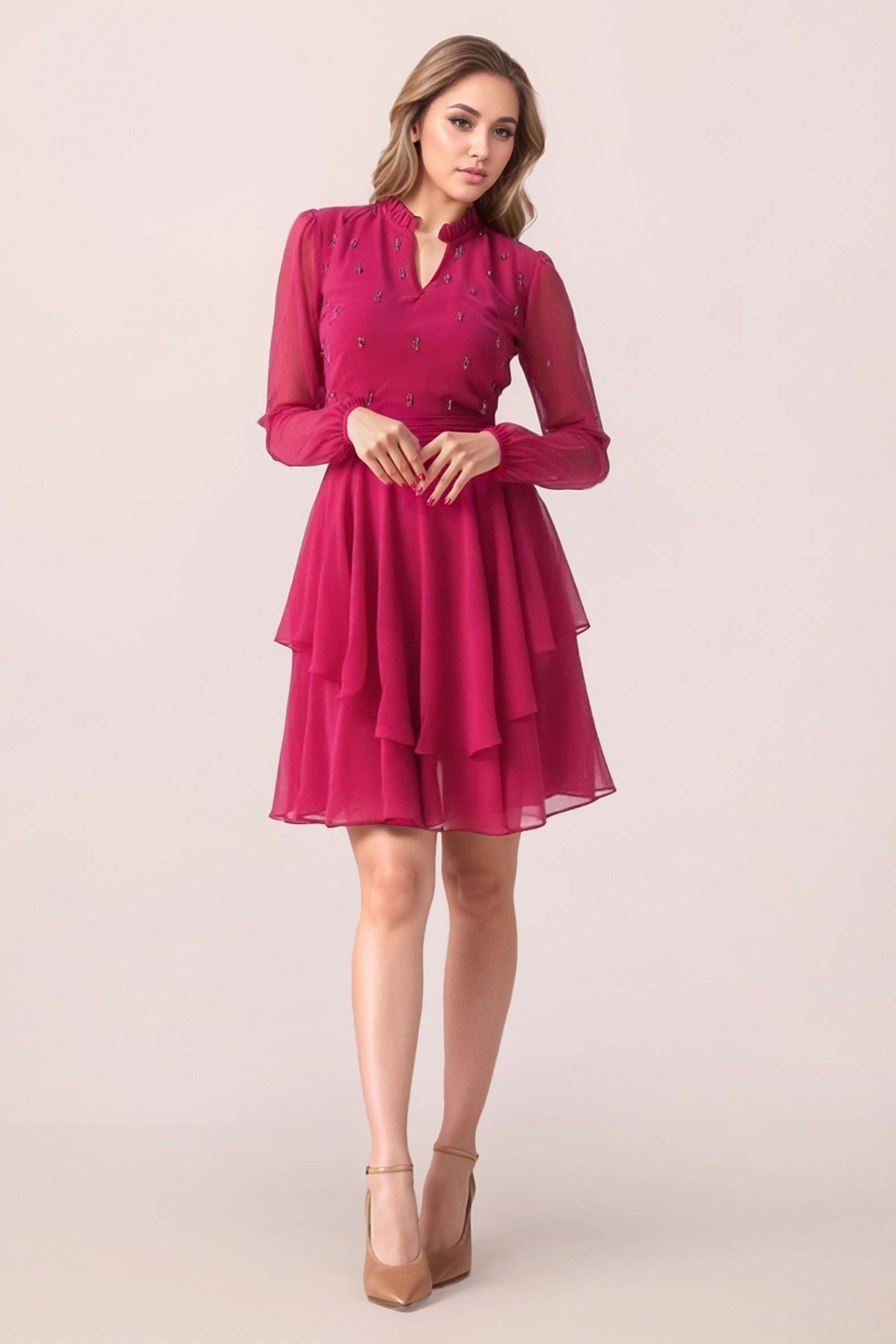 Embroidered-Polyester-Collared-Women-s-Dress