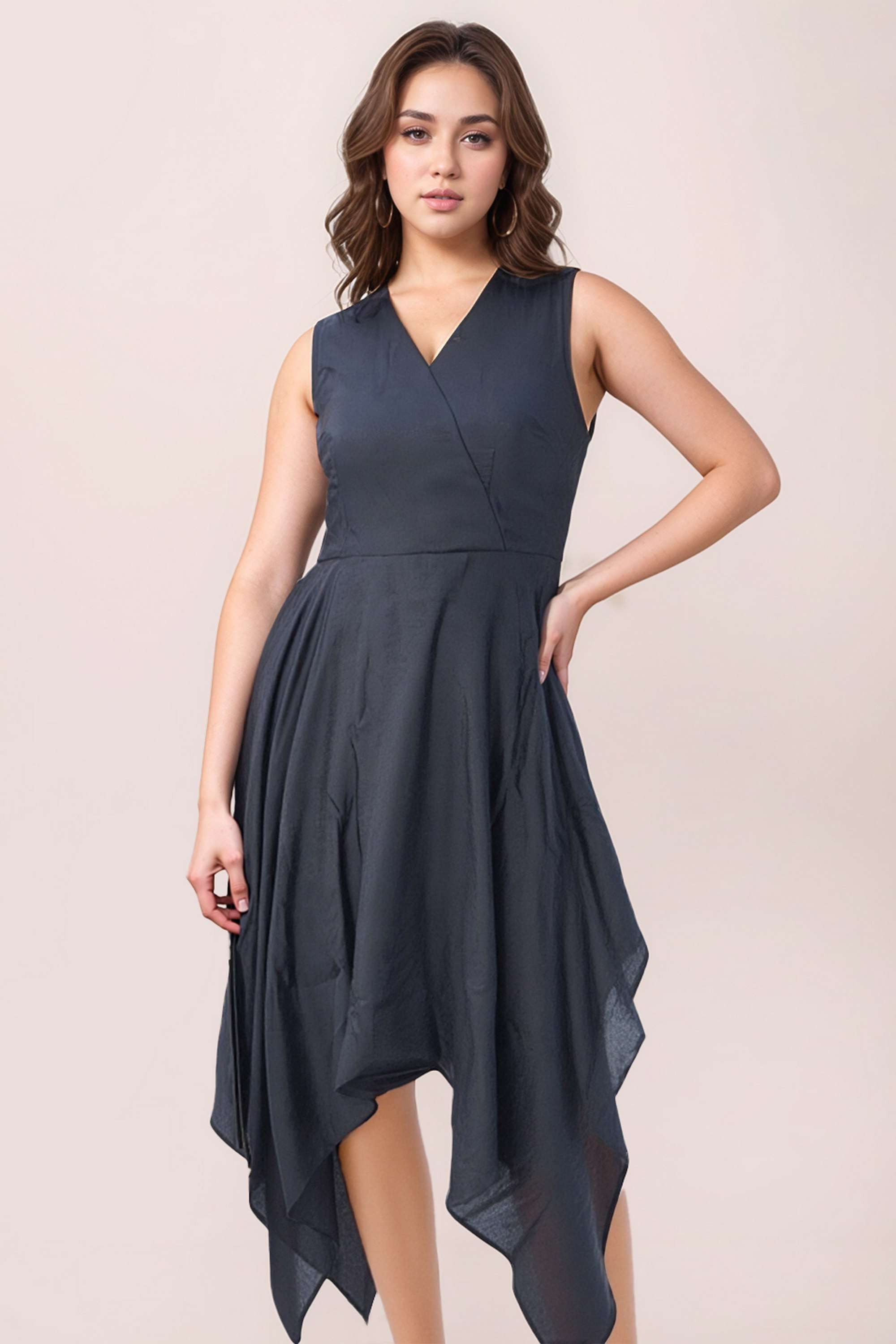 Solid-Polyester-V-Neck-Women-s-Dress