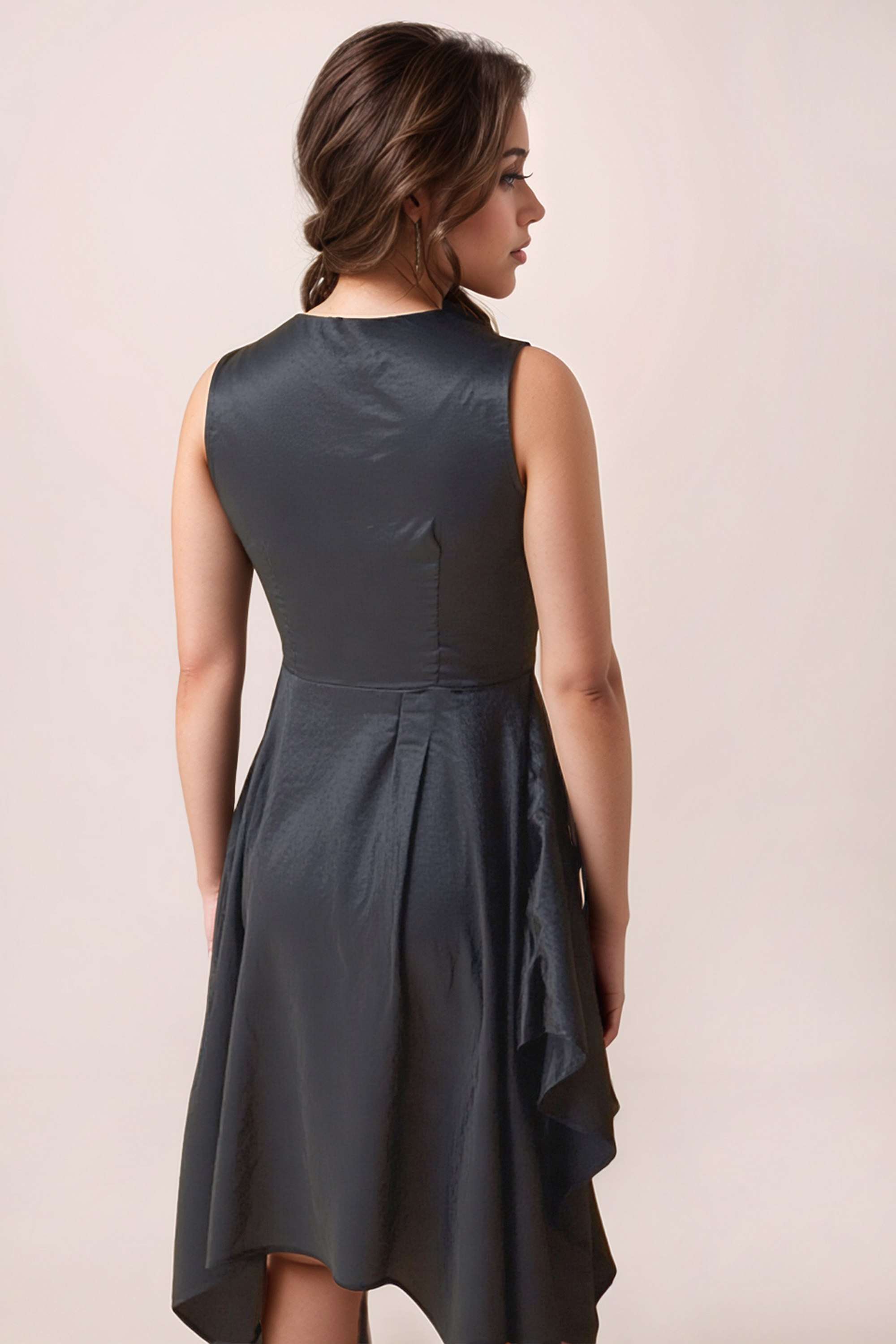 Solid-Polyester-V-Neck-Women-s-Dress