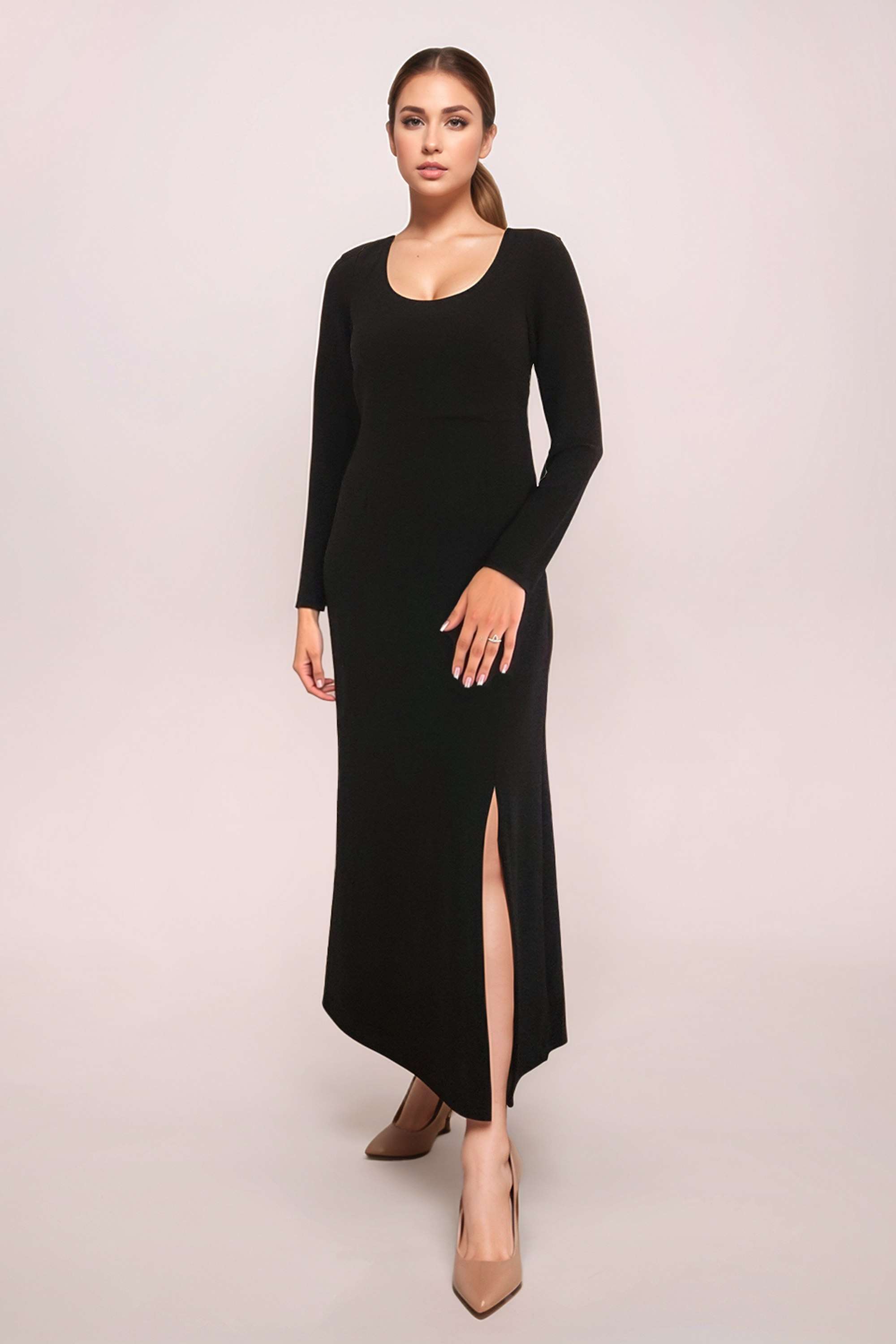 Solid-Square-Neck-Sleeveless-Full-Length-Blended-Fabric-Women-Festive-Wear-Dress