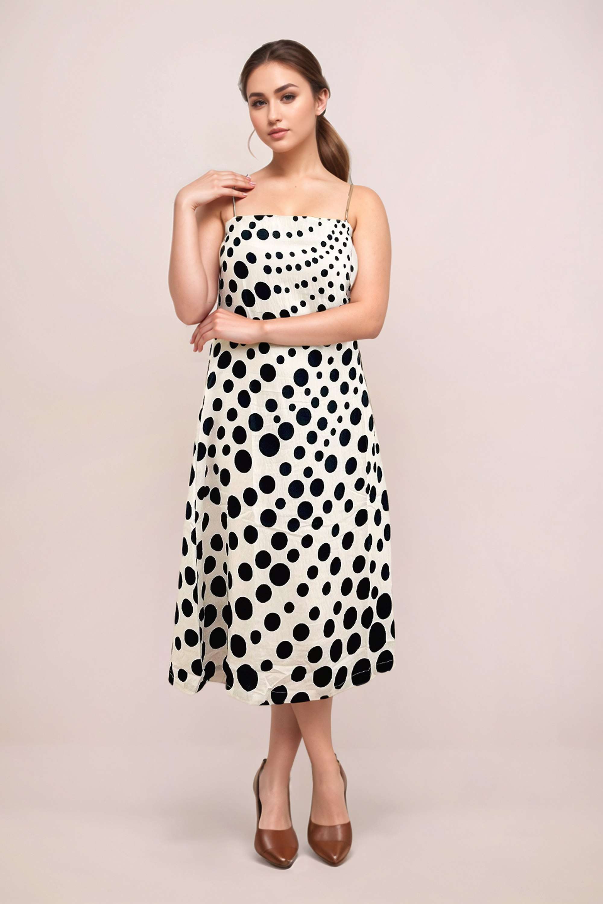 Polka-Dots-Square-Neck-Sleeveless-Calf-Length-Blended-Fabric-Women-Casual-Wear-Dress