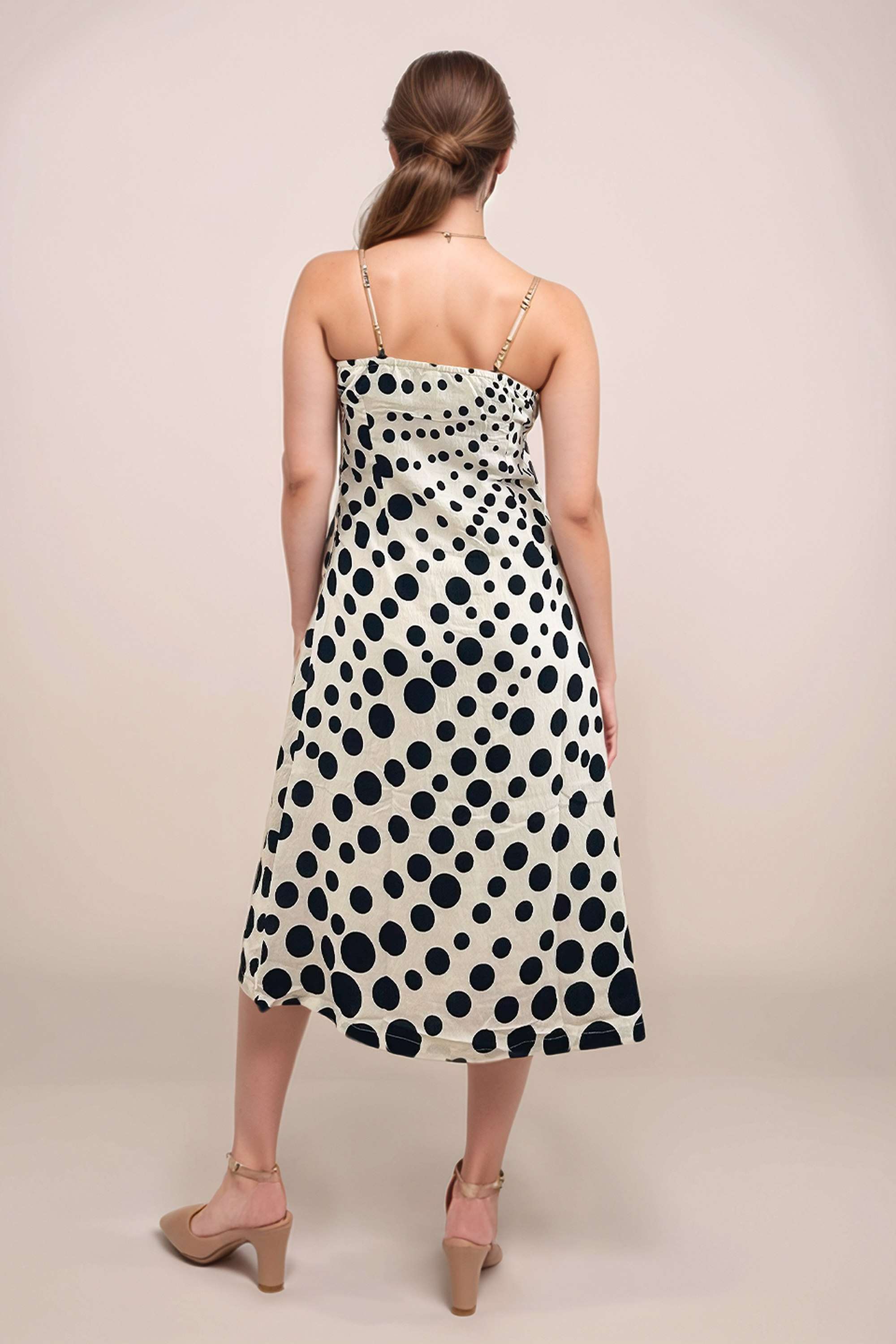 Polka-Dots-Square-Neck-Sleeveless-Calf-Length-Blended-Fabric-Women-Casual-Wear-Dress