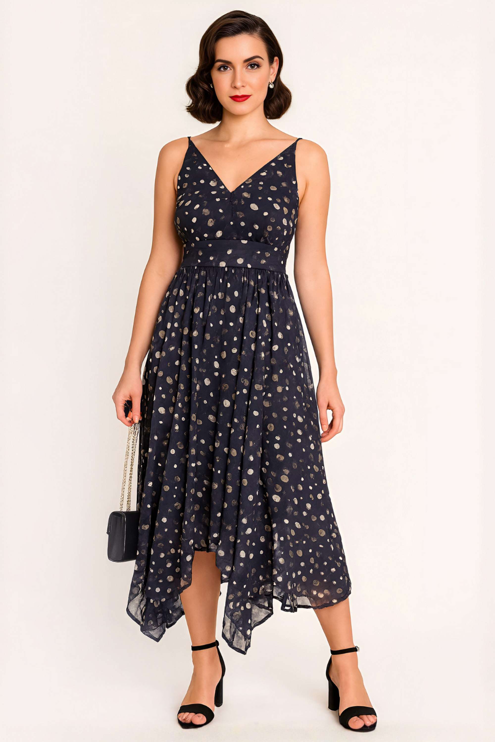 Polka-Dots-V-Neck-Polyester-Women-Dress