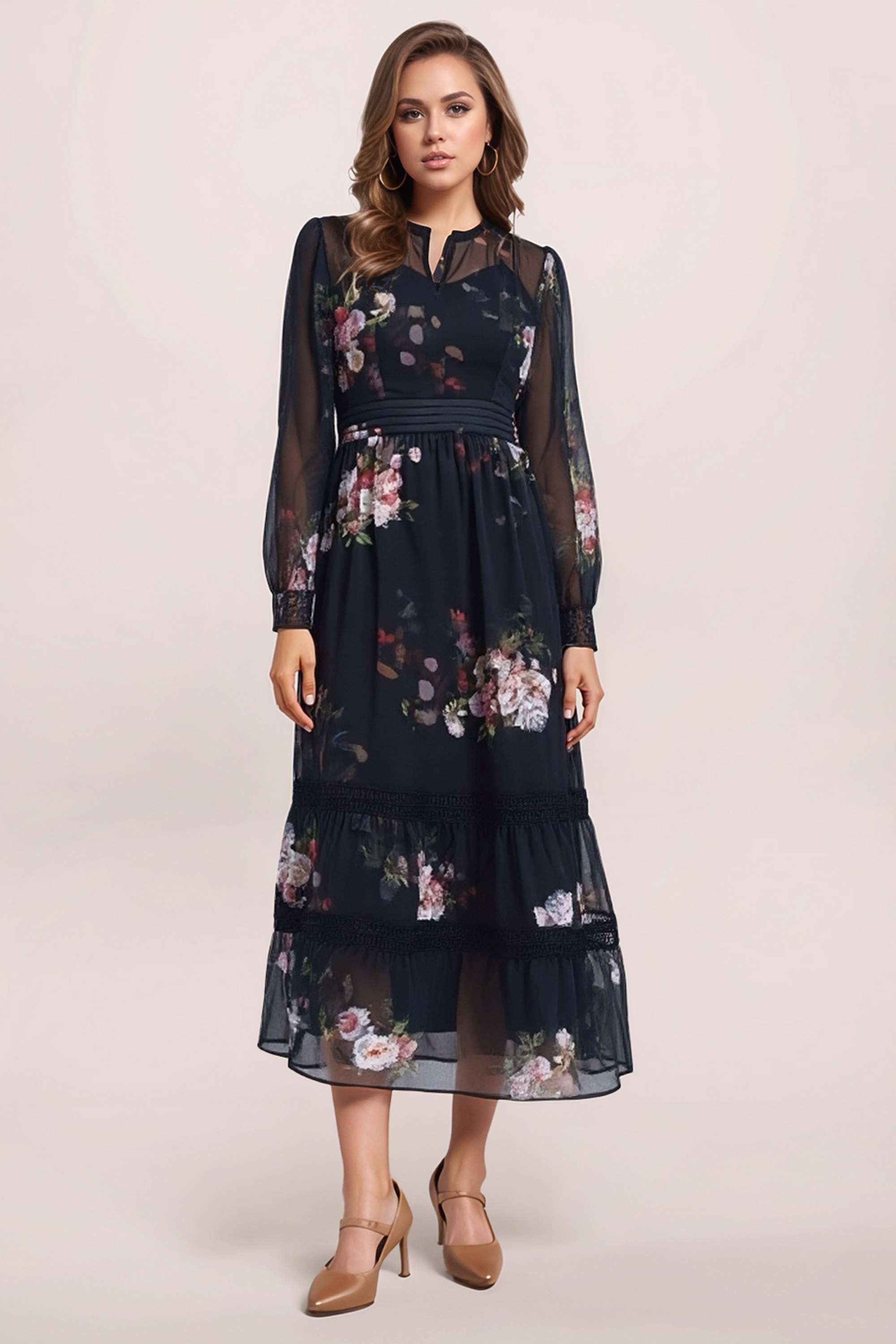 Floral-Polyester-Tie-Up-Neck-Women-s-Dress