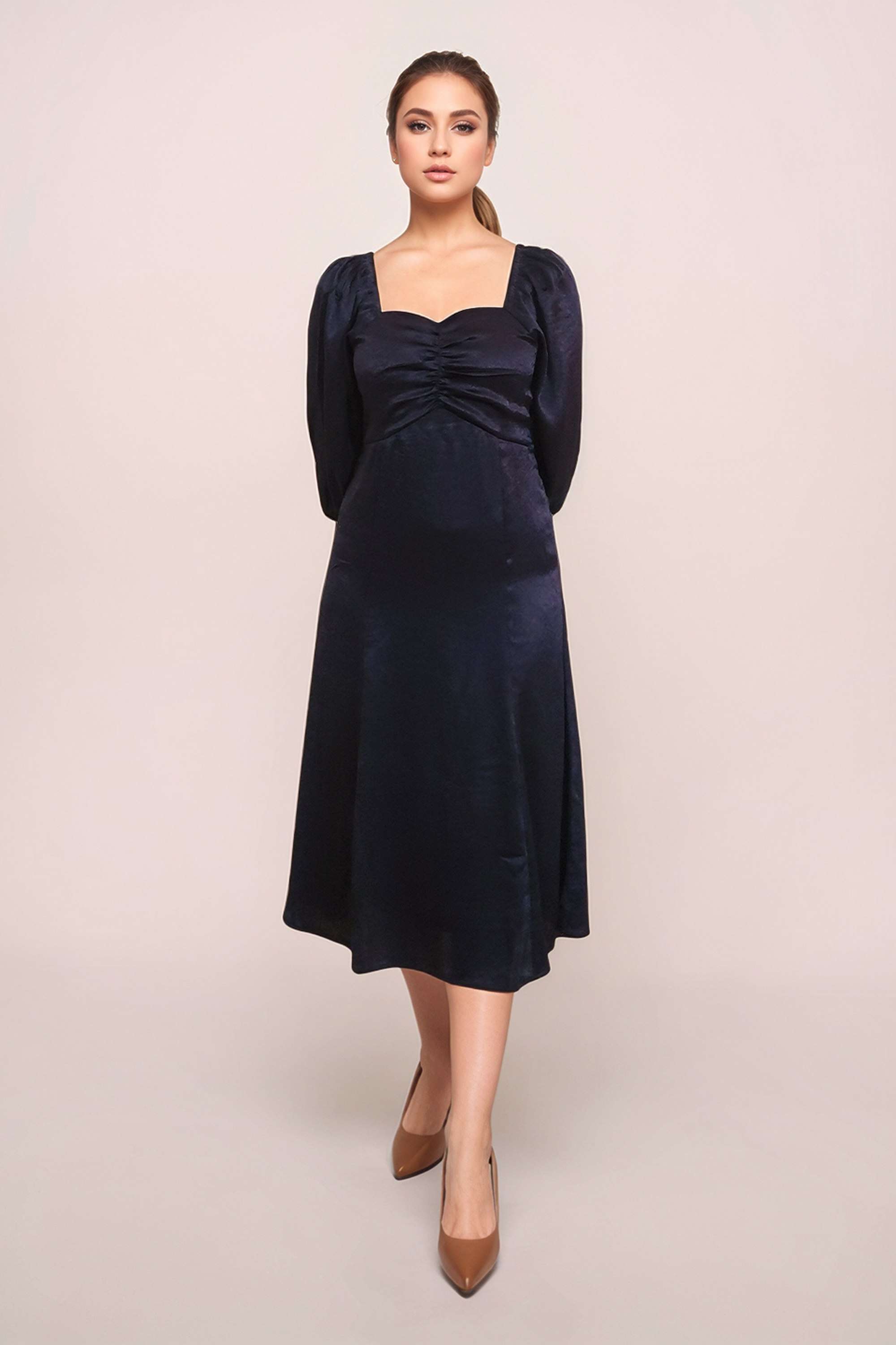 Textured-Sweetheart-Neck-3/4-Sleeves-Calf-Length-Polyester-Women-Festive-Wear-Dress