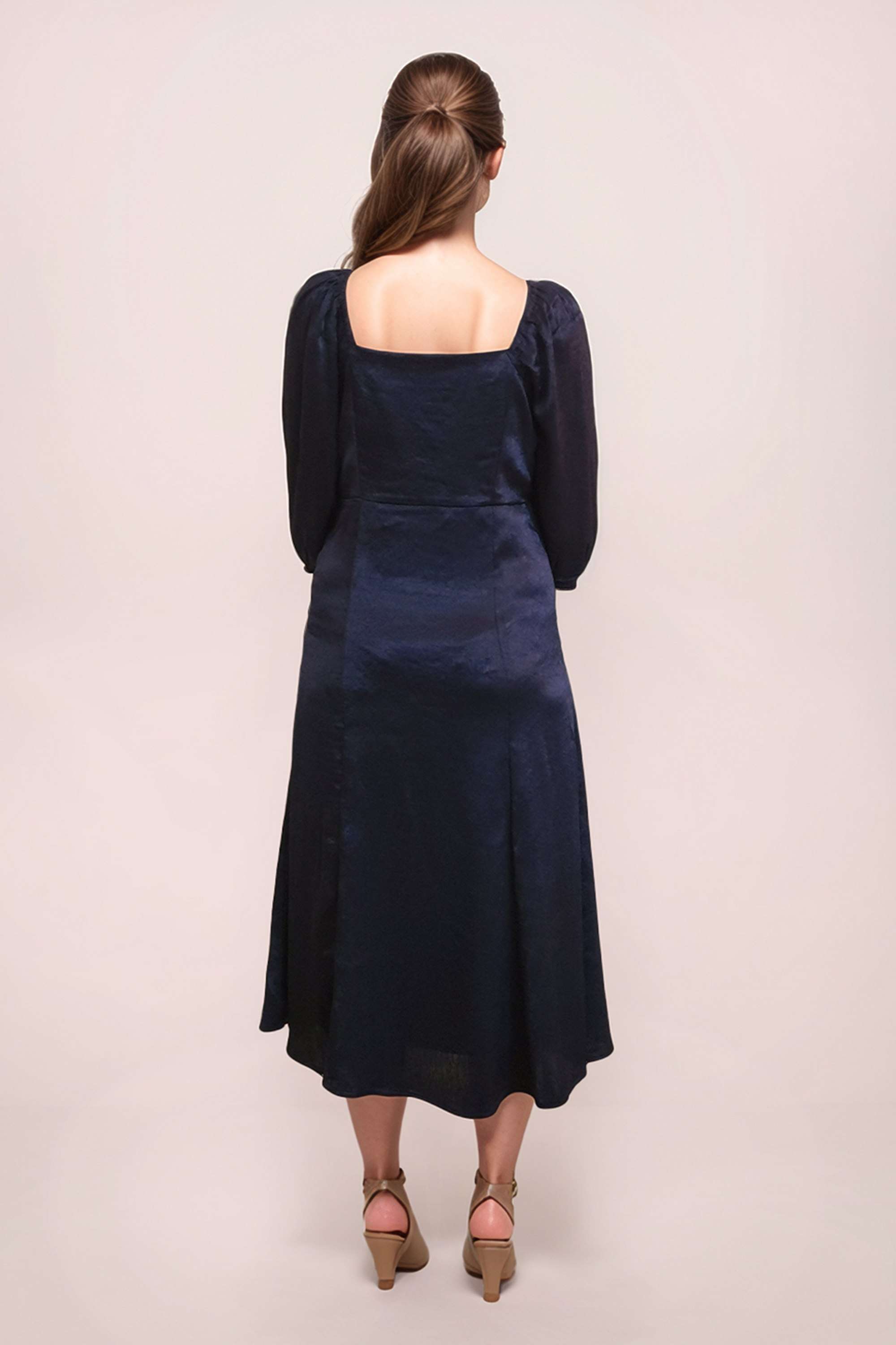 Textured-Sweetheart-Neck-3/4-Sleeves-Calf-Length-Polyester-Women-Festive-Wear-Dress