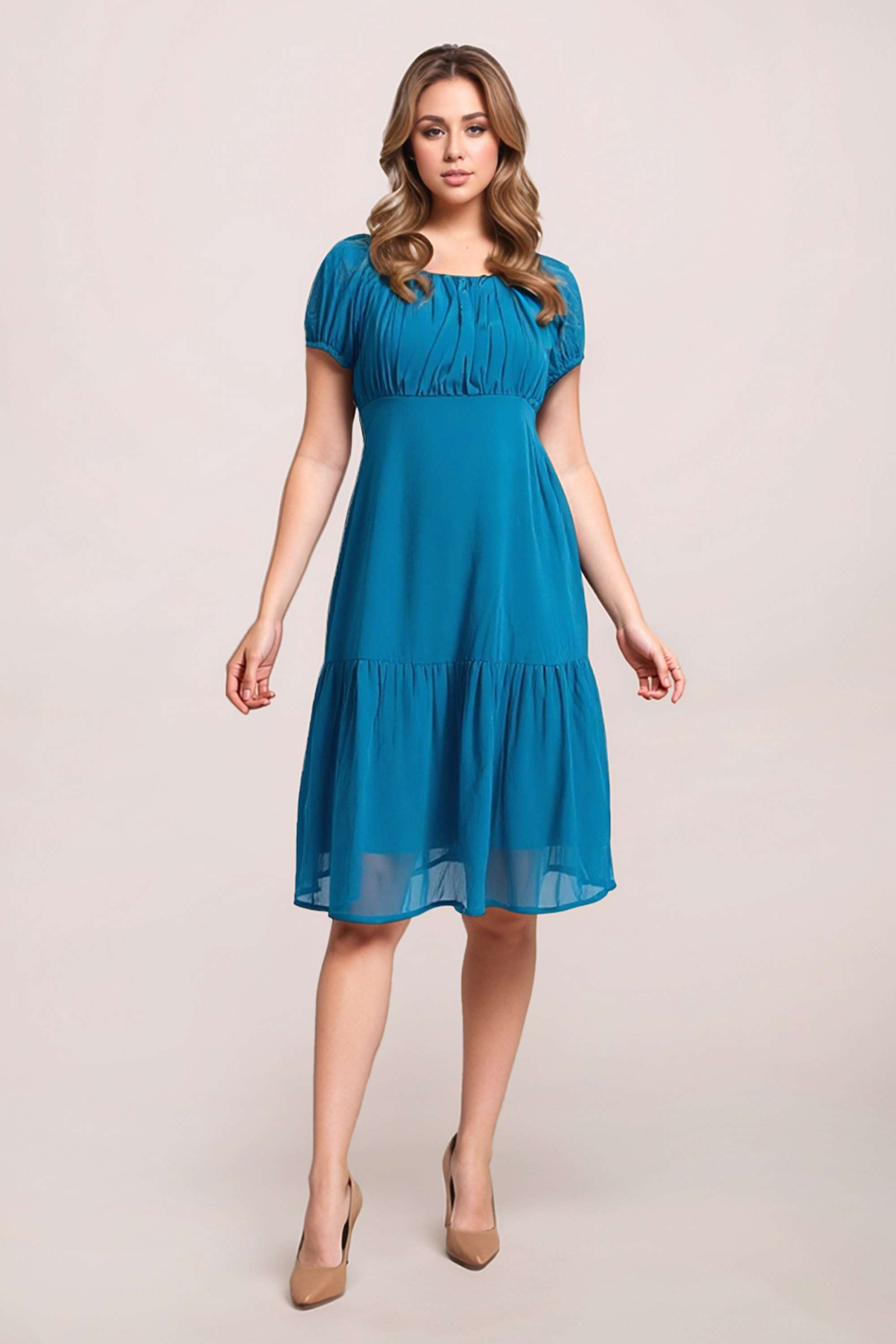 Solid-Polyester-Square-Neck-Women-s-Dress