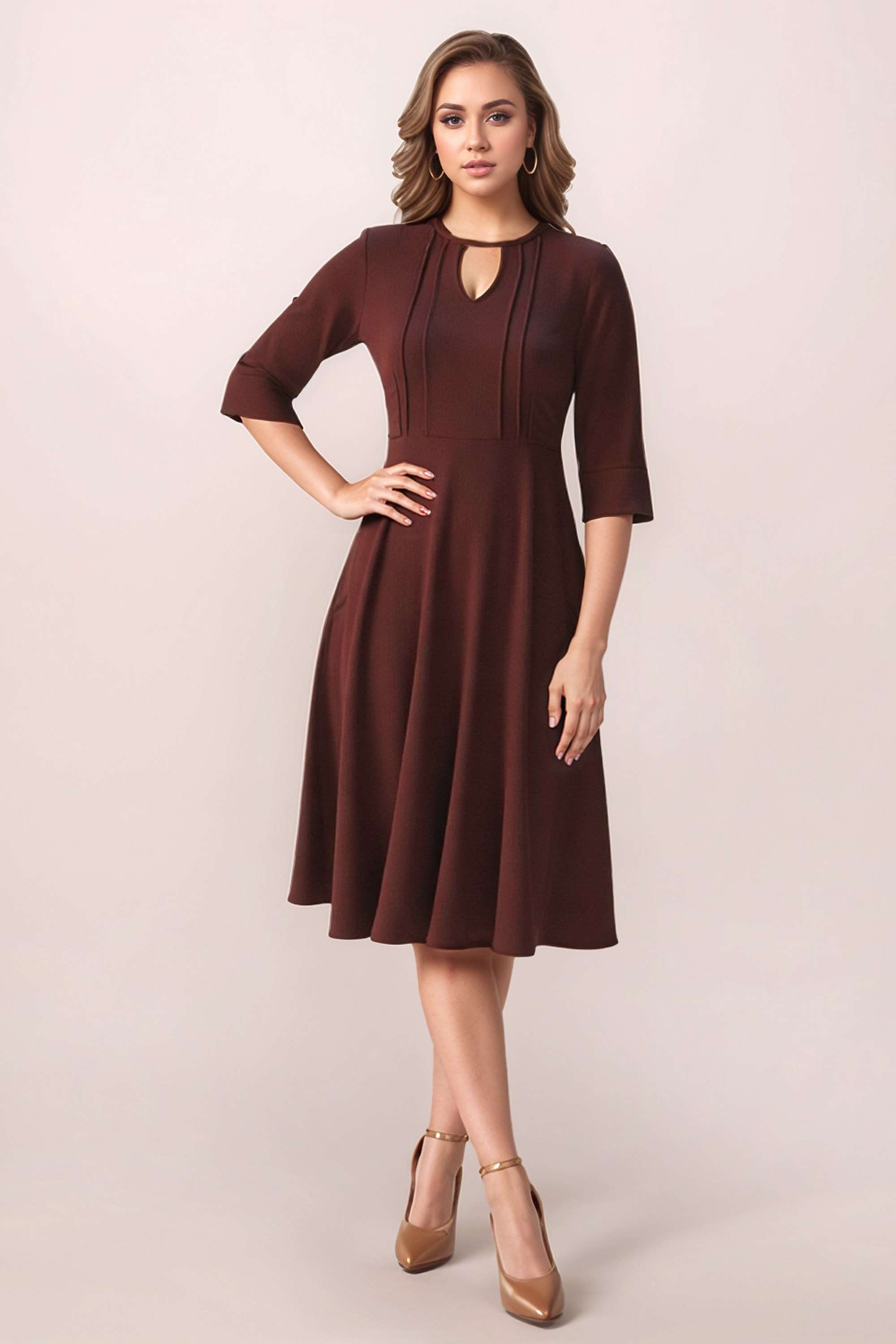 Solid-Polyester-Round-Neck-Women-s-Dress