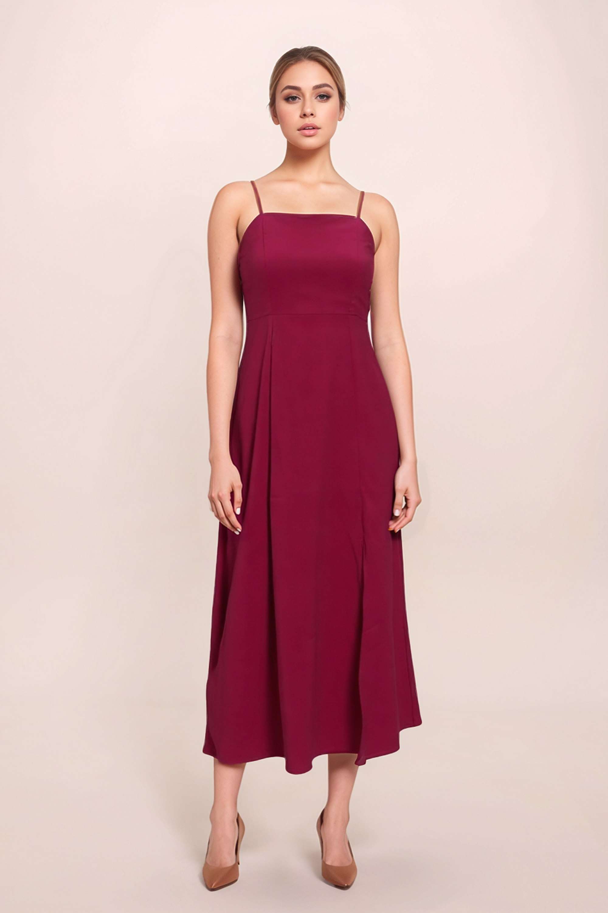 Solid-Polyester-Square-Neck-Women-s-Dress