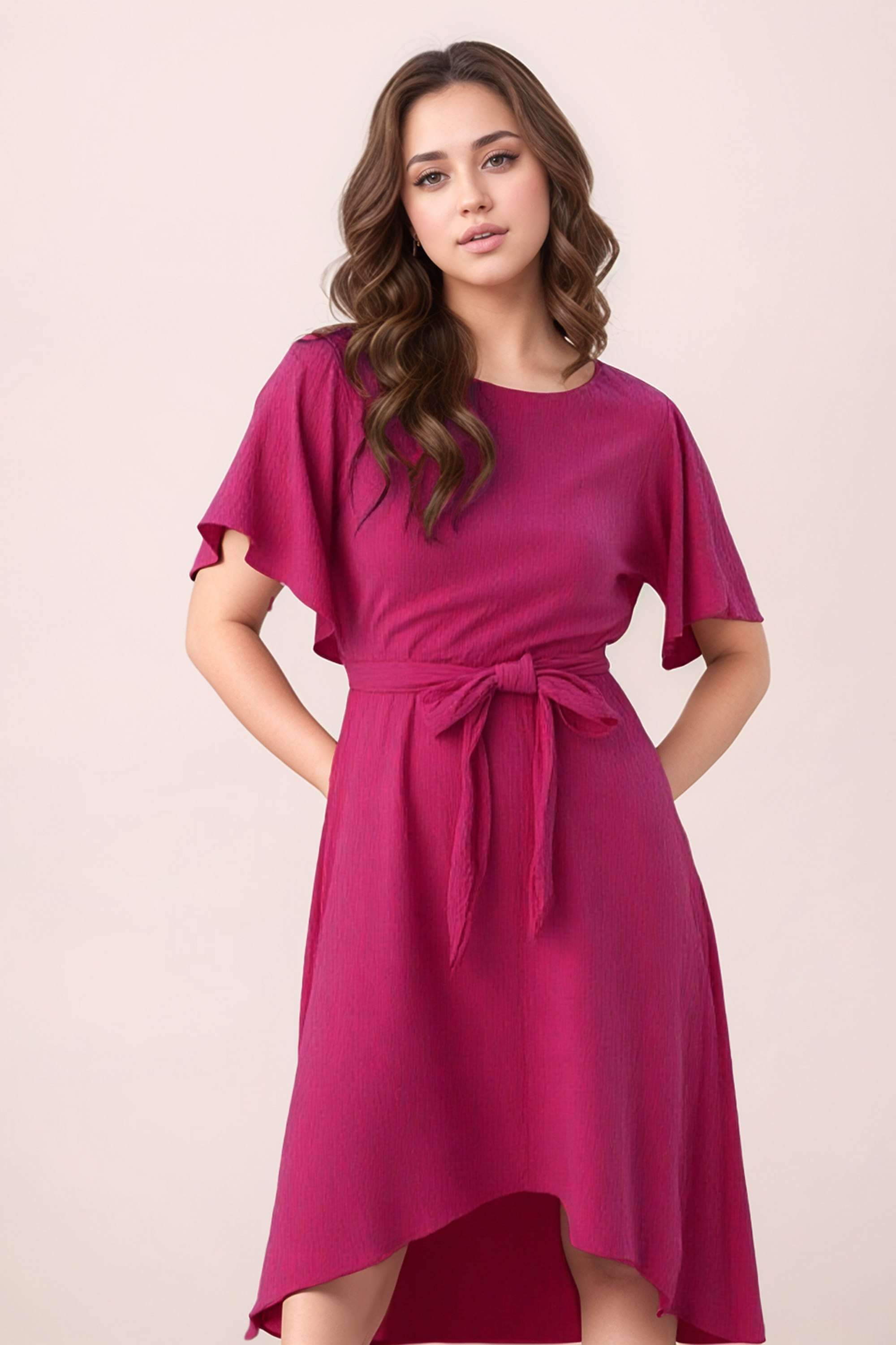 Solid-Polyester-Round-Neck-Women-s-Dress