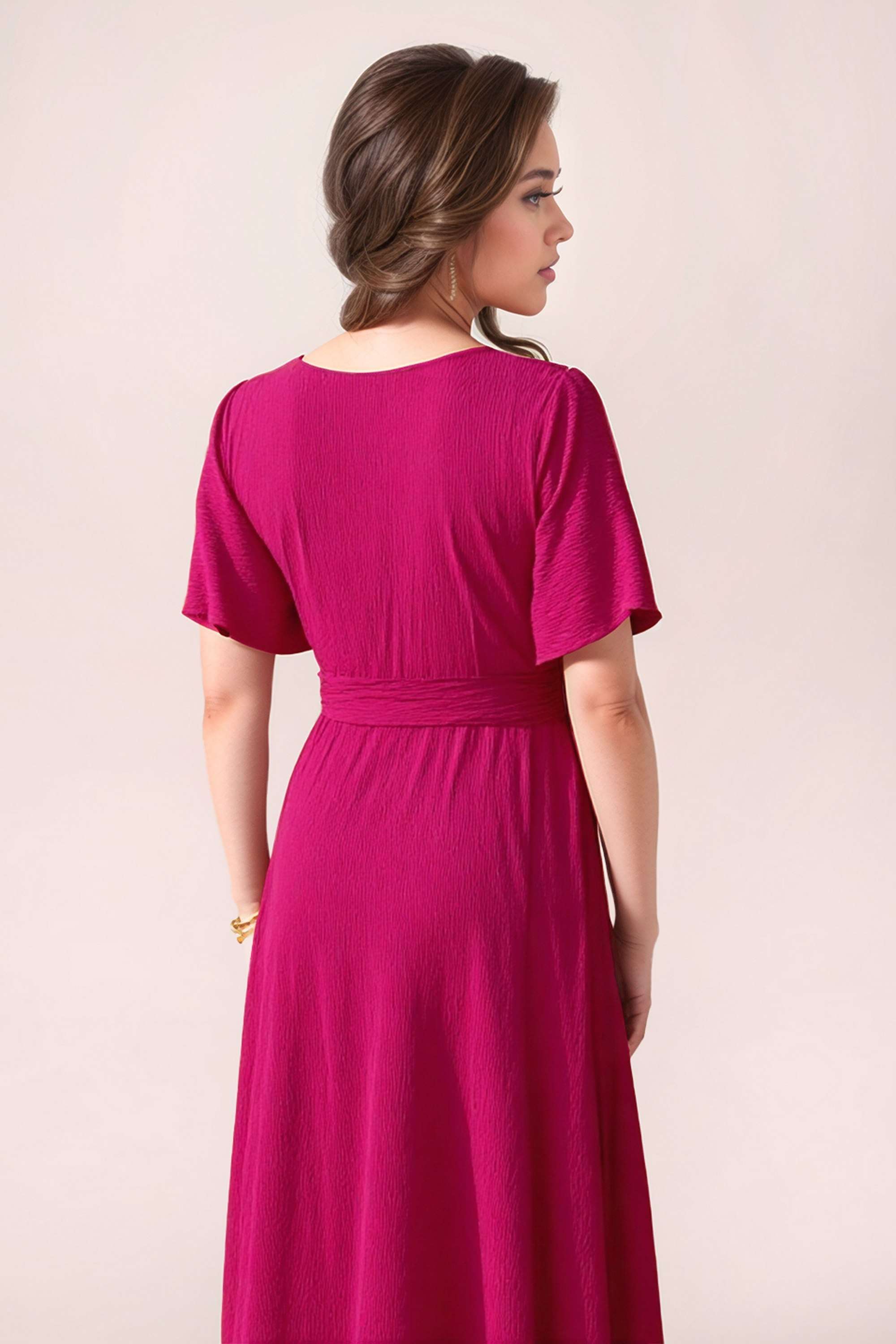 Solid-Round-Neck-Polyester-Women-Dress