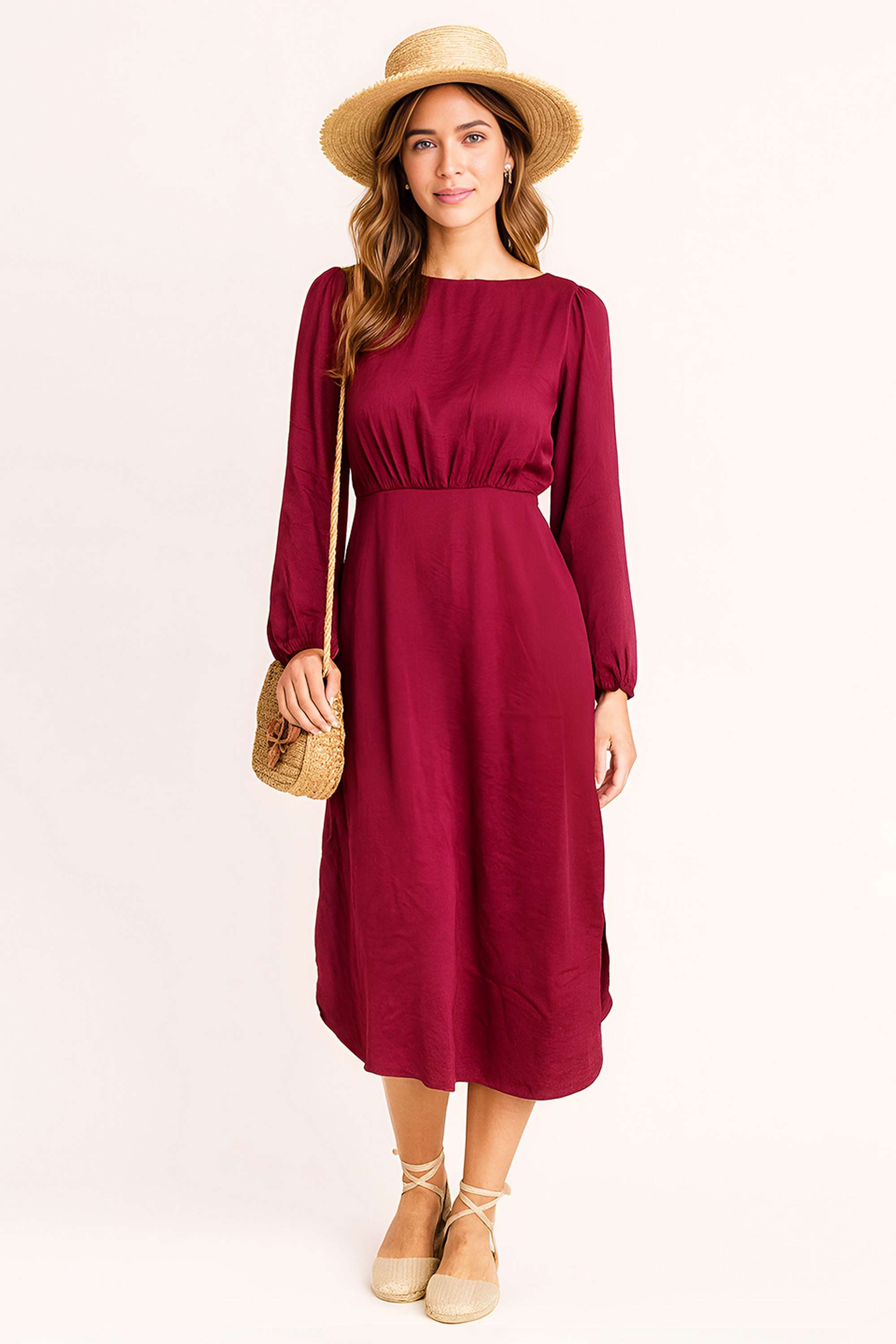 Solid-Polyester-Boat-Neck-Women-s-Dress