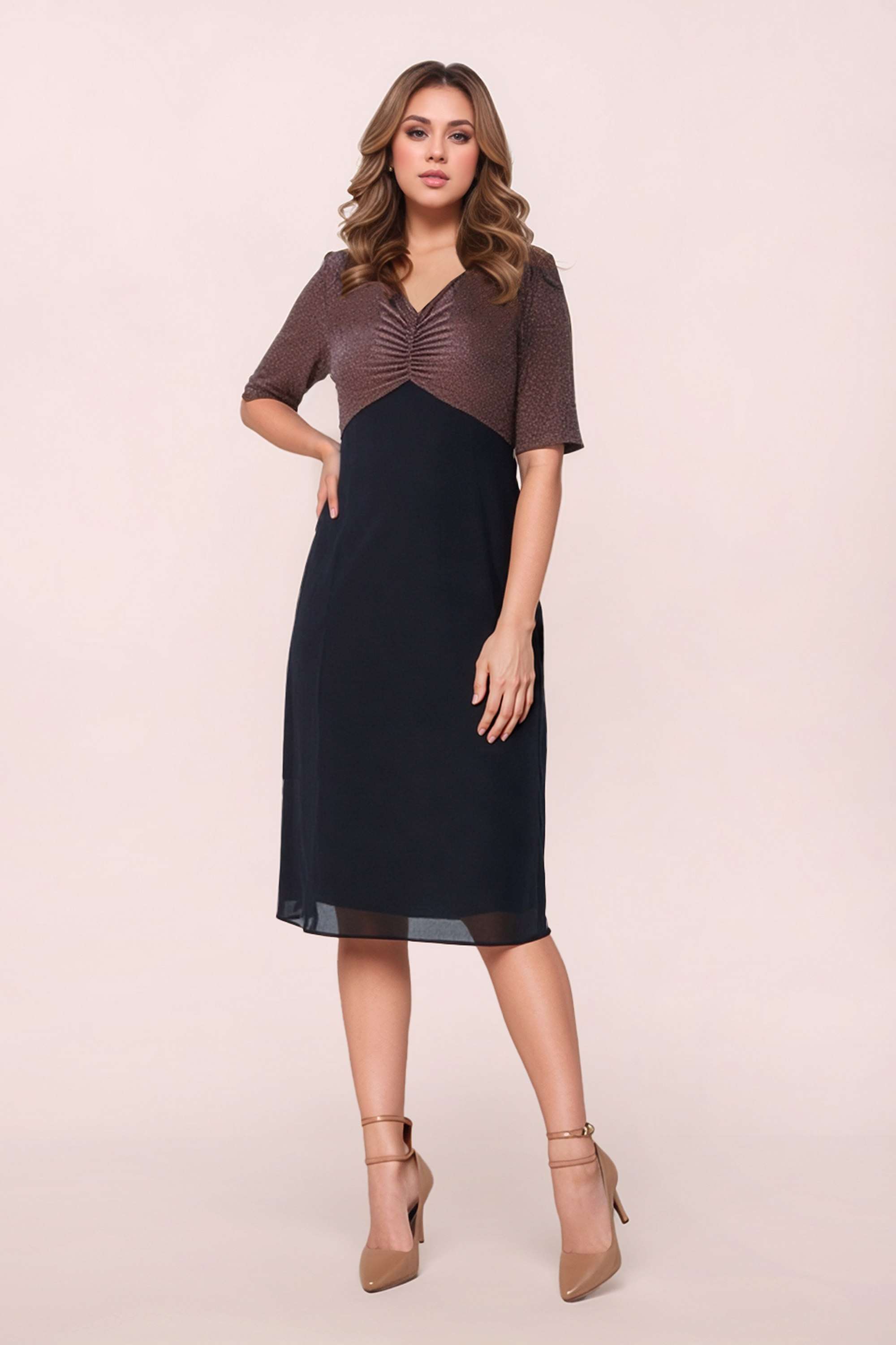 Solid-Polyester-V-Neck-Women-s-Dress