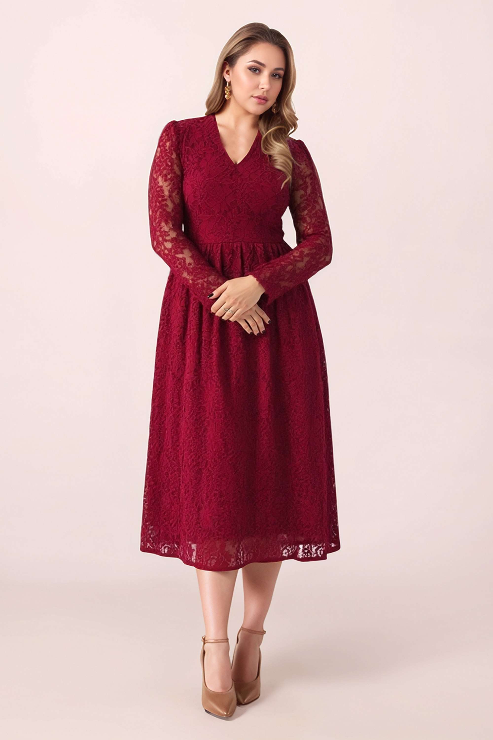 Solid-Polyester-Round-Neck-Women-s-Dress