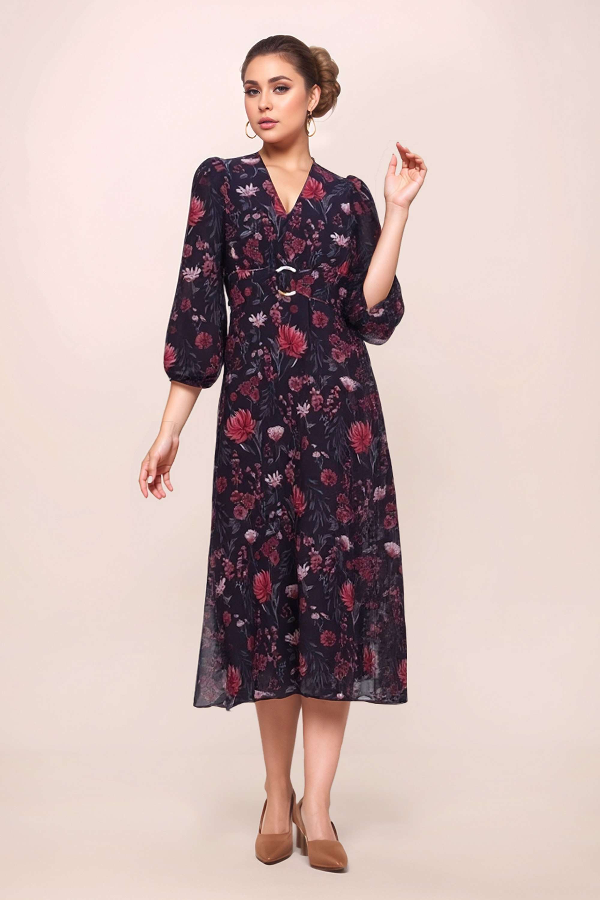 Floral-Polyester-V-Neck-Women-s-Dress