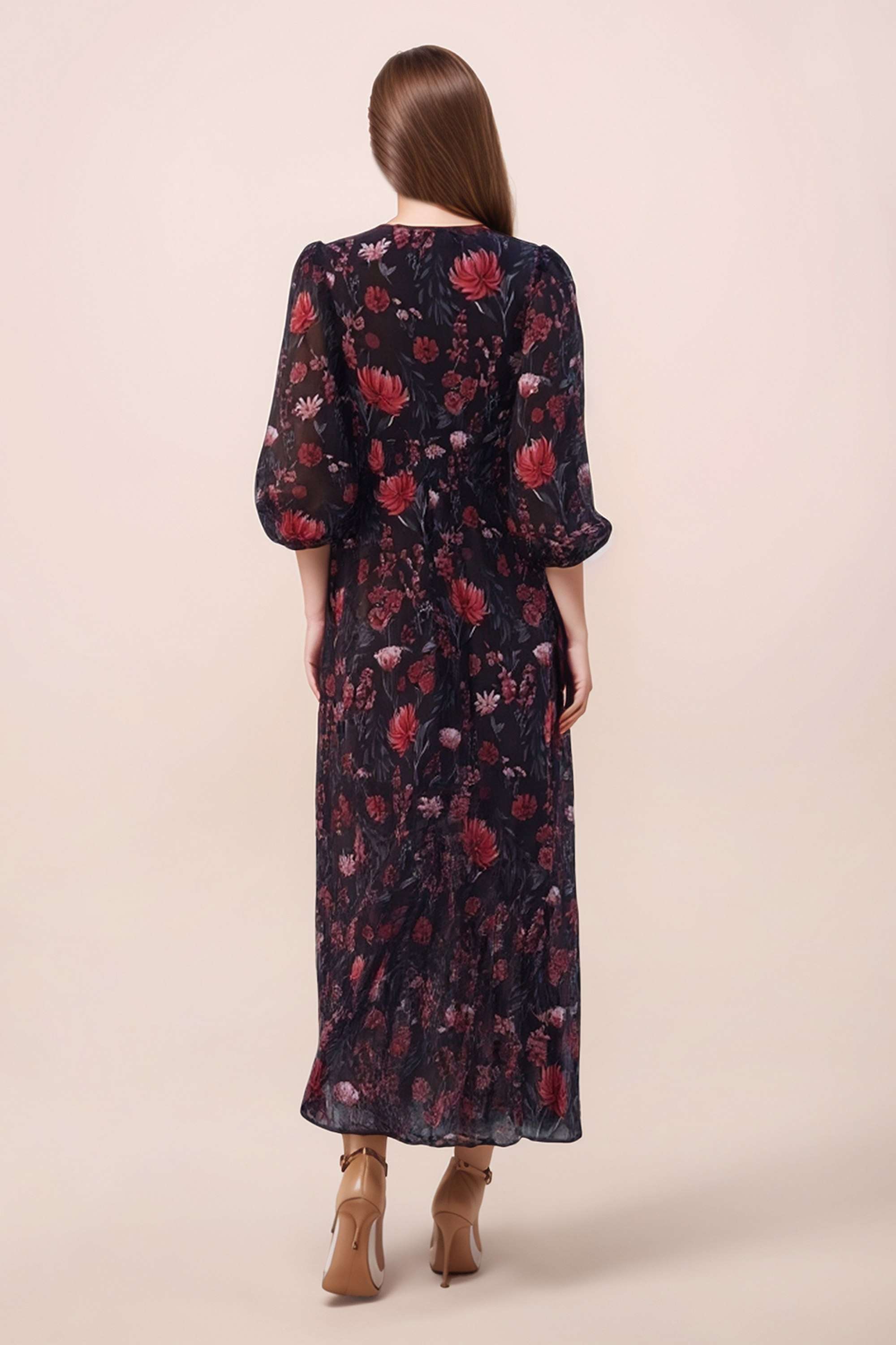 Floral-Polyester-V-Neck-Women-s-Dress