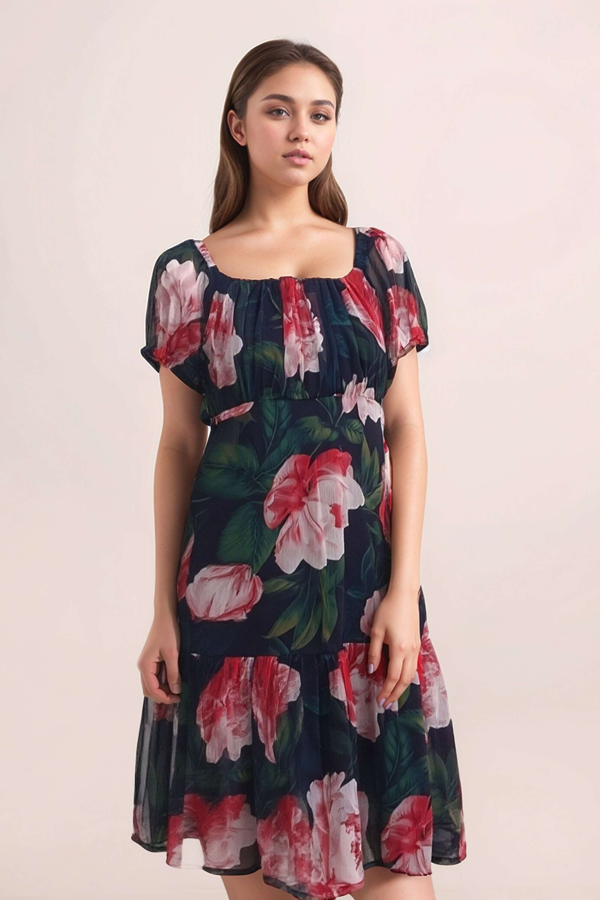 Floral-Polyester-Square-Neck-Women-s-Dress