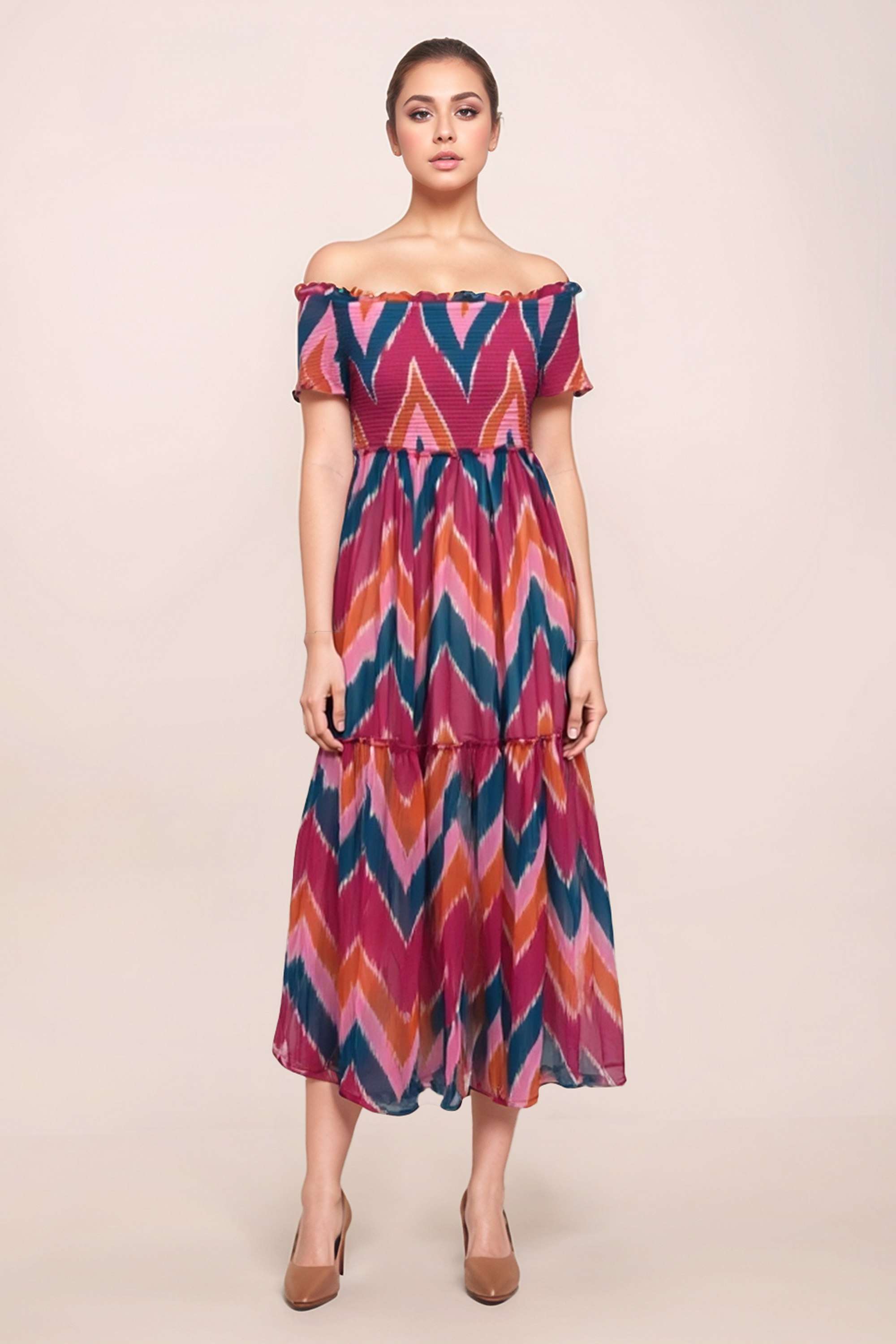 Geometric-Print-Polyester-Off-Shoulder-Women-s-Dress