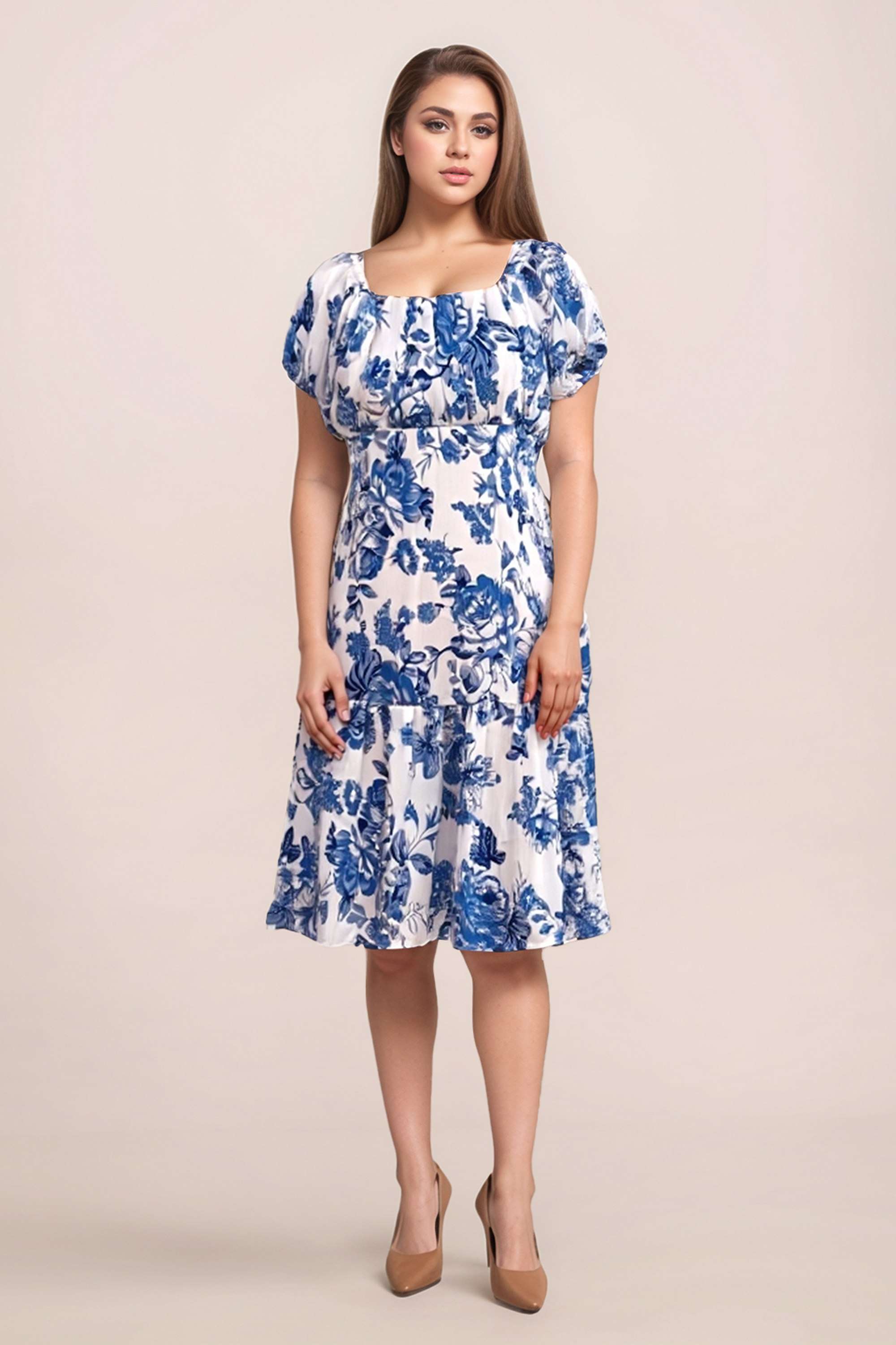 Solid-Polyester-Square-Neck-Women-s-Dress