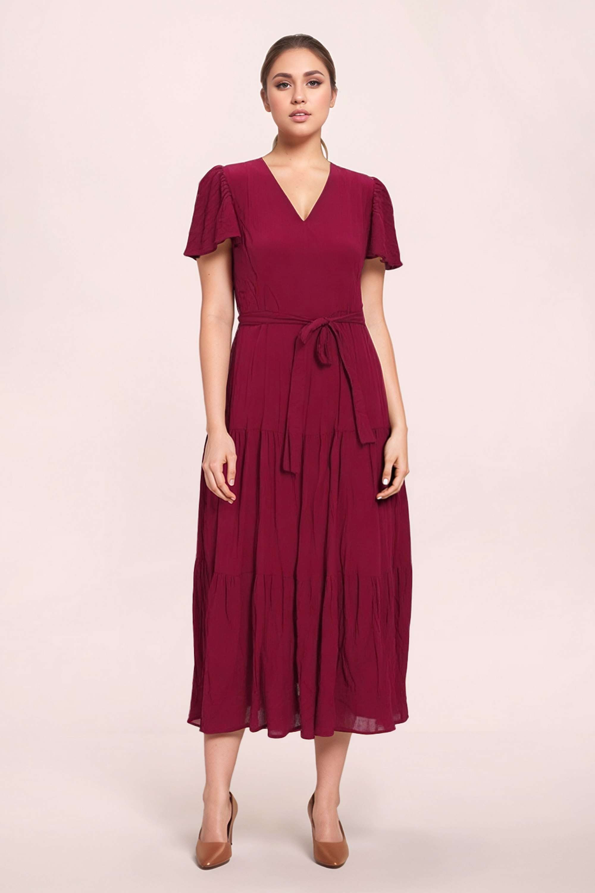Solid-Viscose-V-Neck-Women-s-Dress