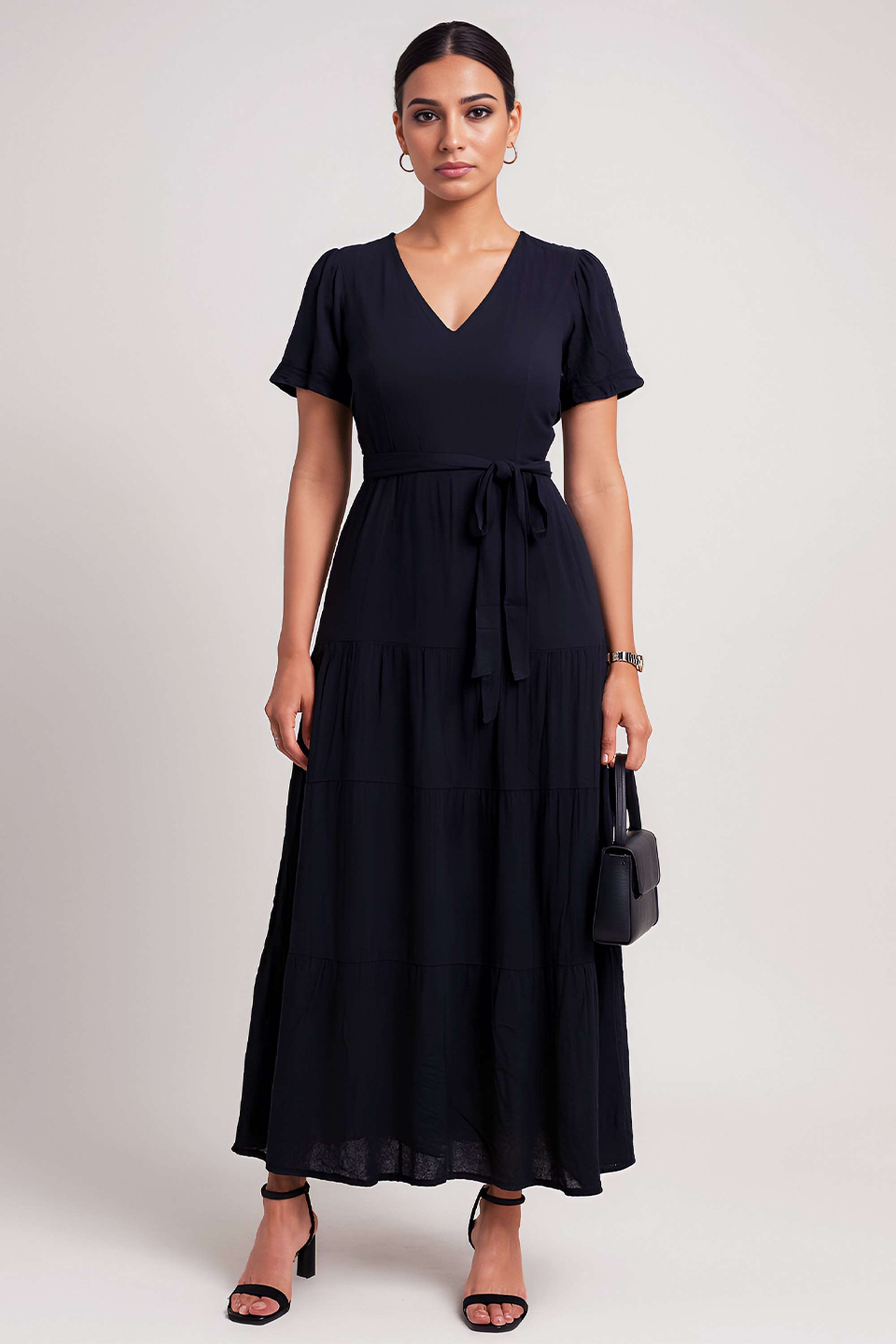 Solid-V-Neck-Viscose-Women-Dress