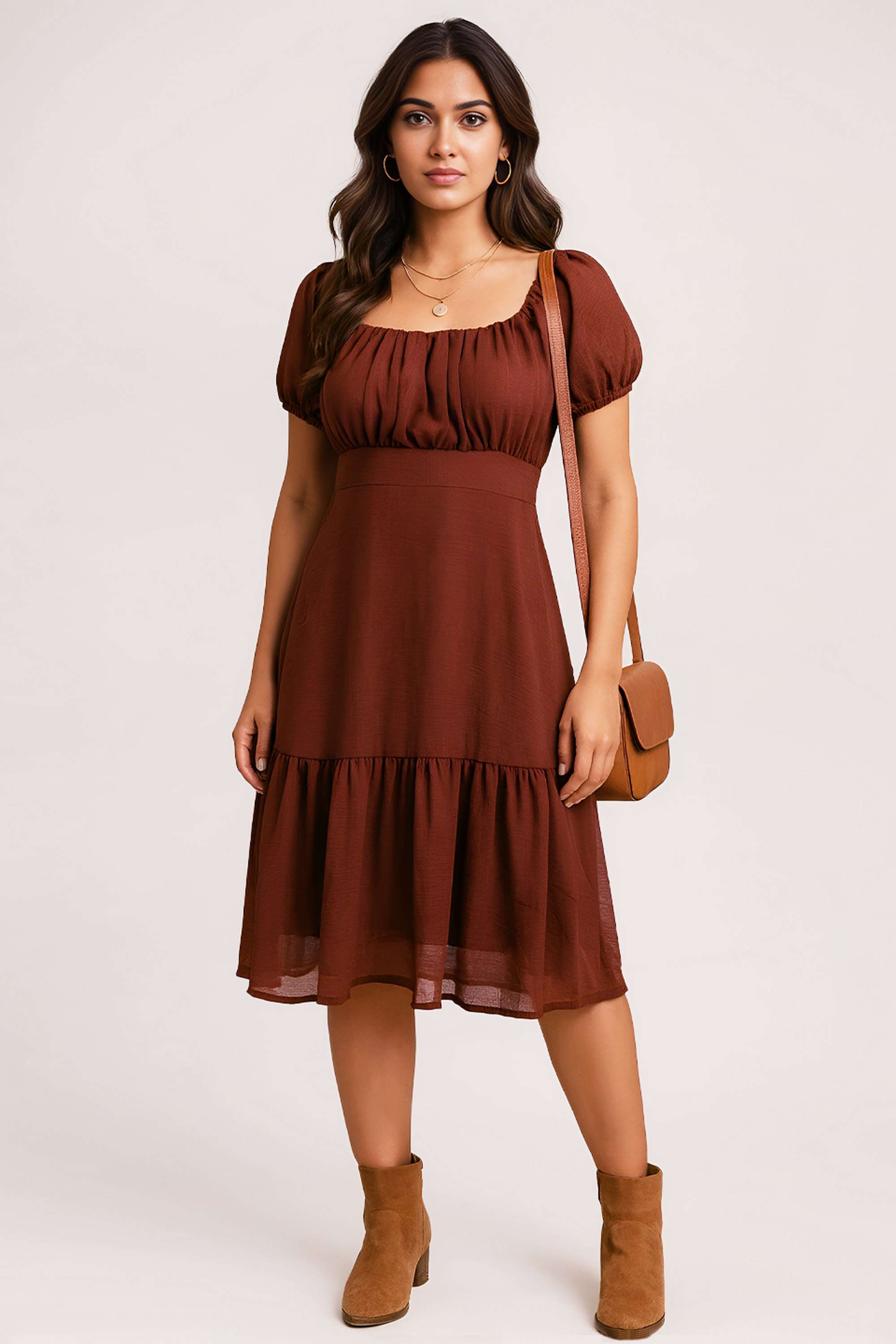 Solid-Square-Neck-Polyester-Women-Dress