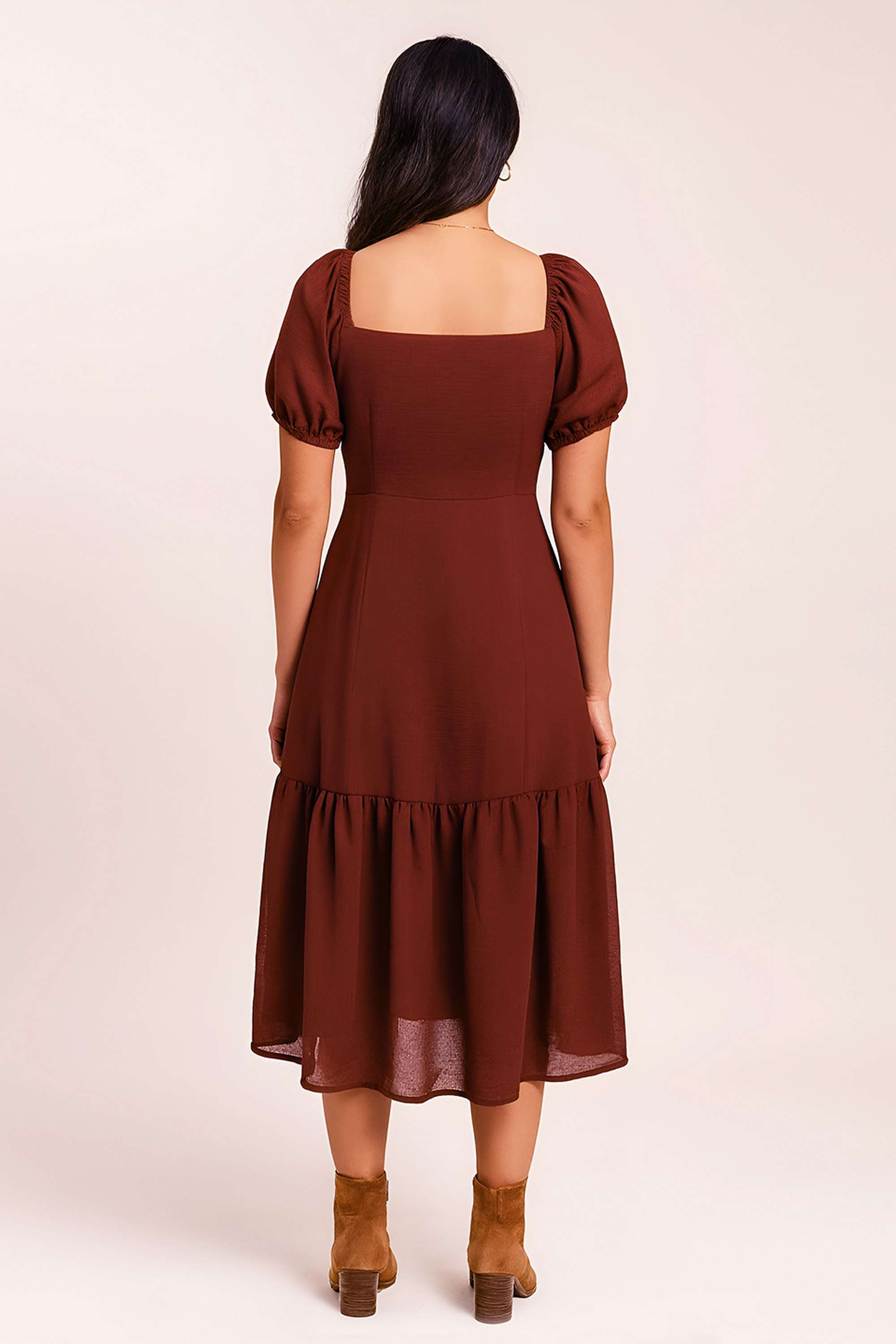 Solid-Square-Neck-Polyester-Women-Dress