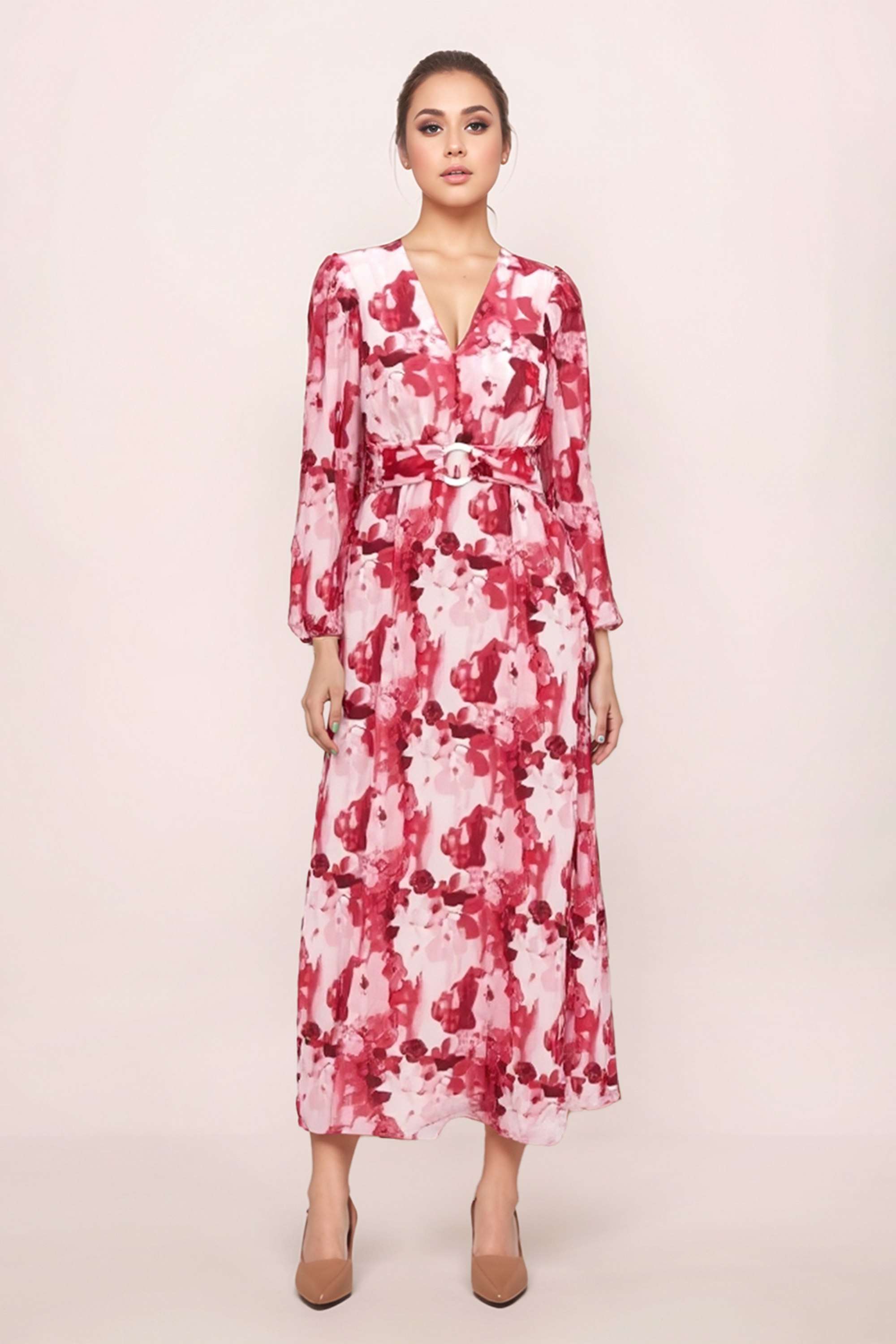 Floral-Polyester-V-Neck-Women-s-Dress