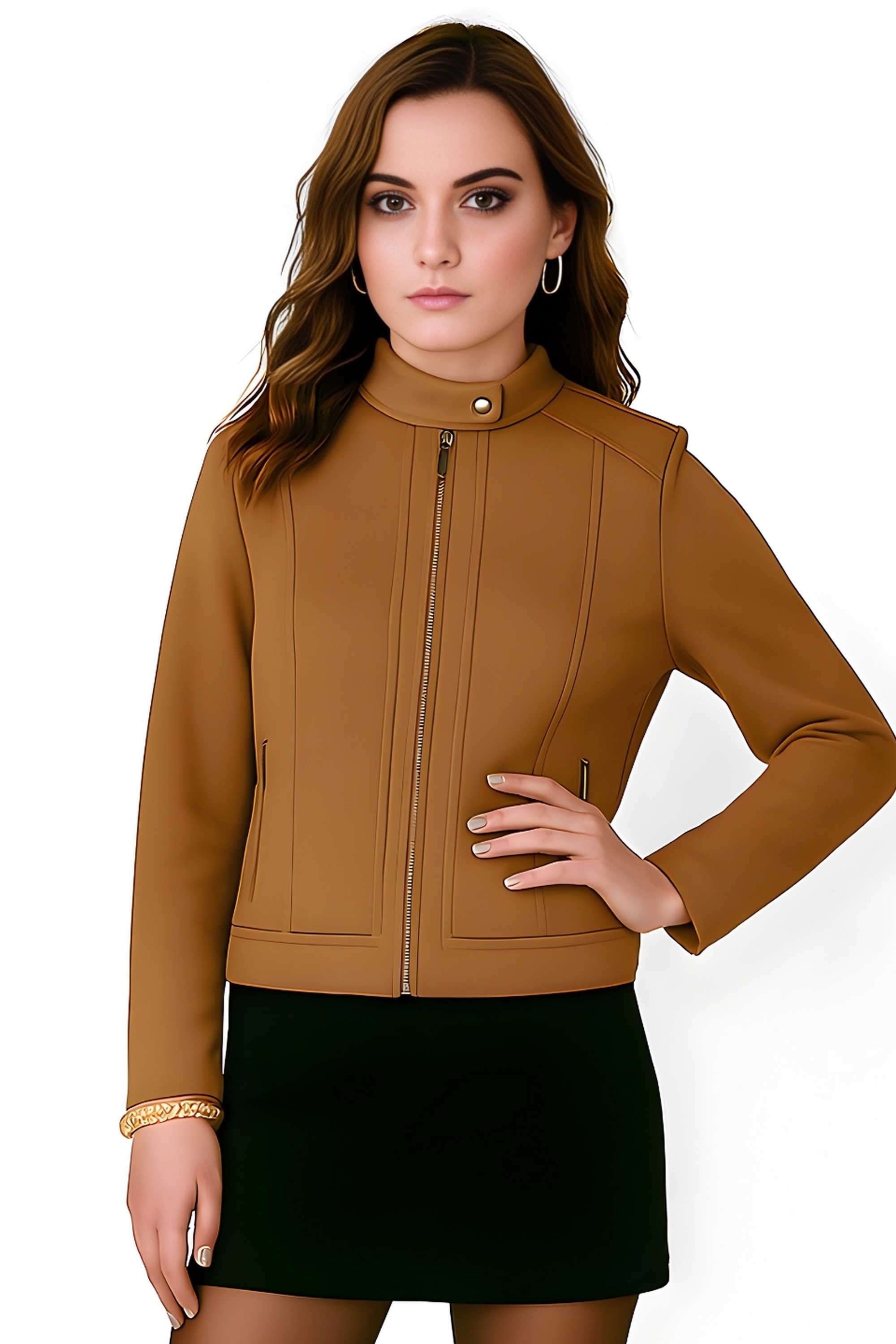 Solid-High-Neck-Polyester-Women-s-Winter-Wear-Jacket