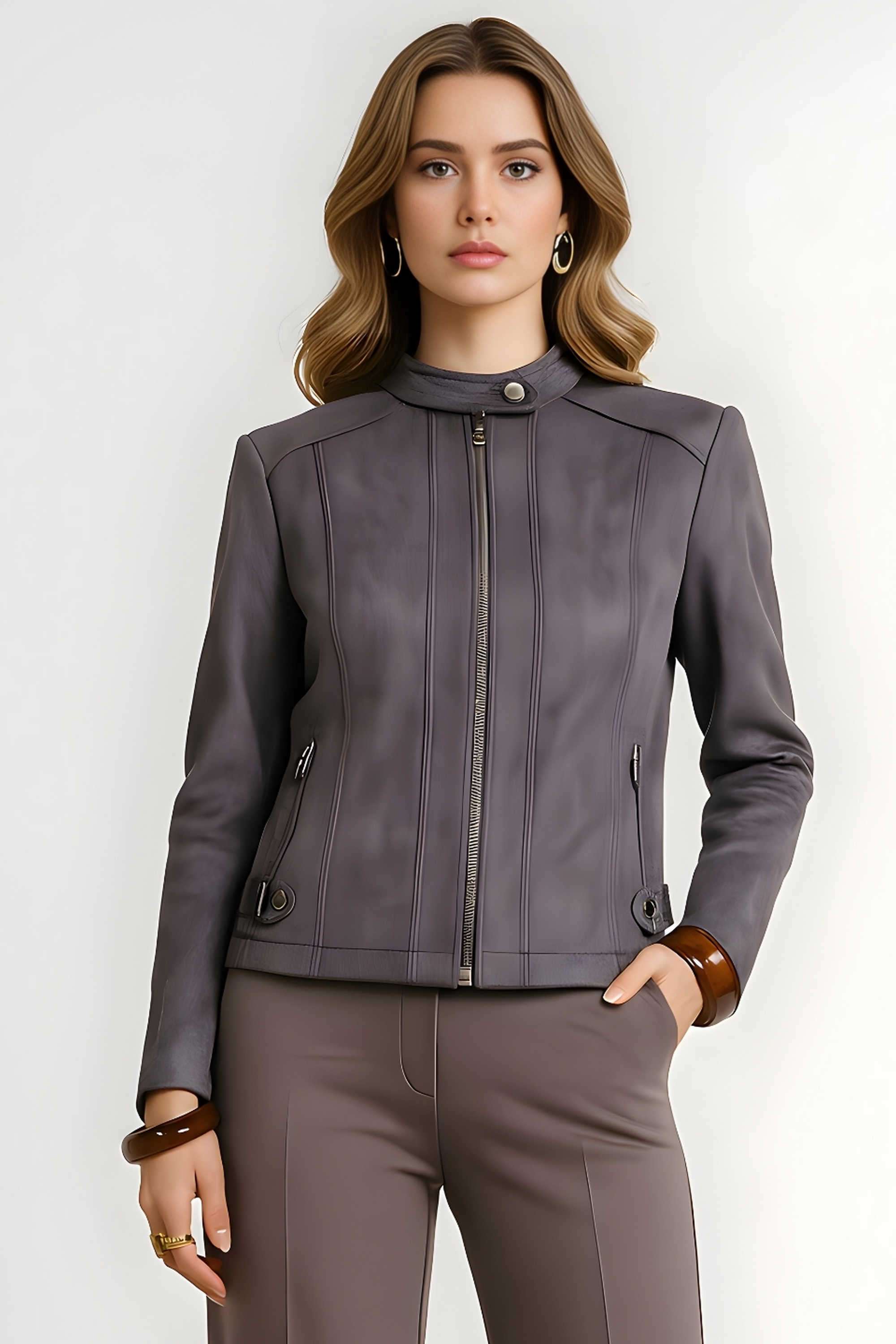 Solid-High-Neck-Polyester-Women-s-Winter-Wear-Jacket