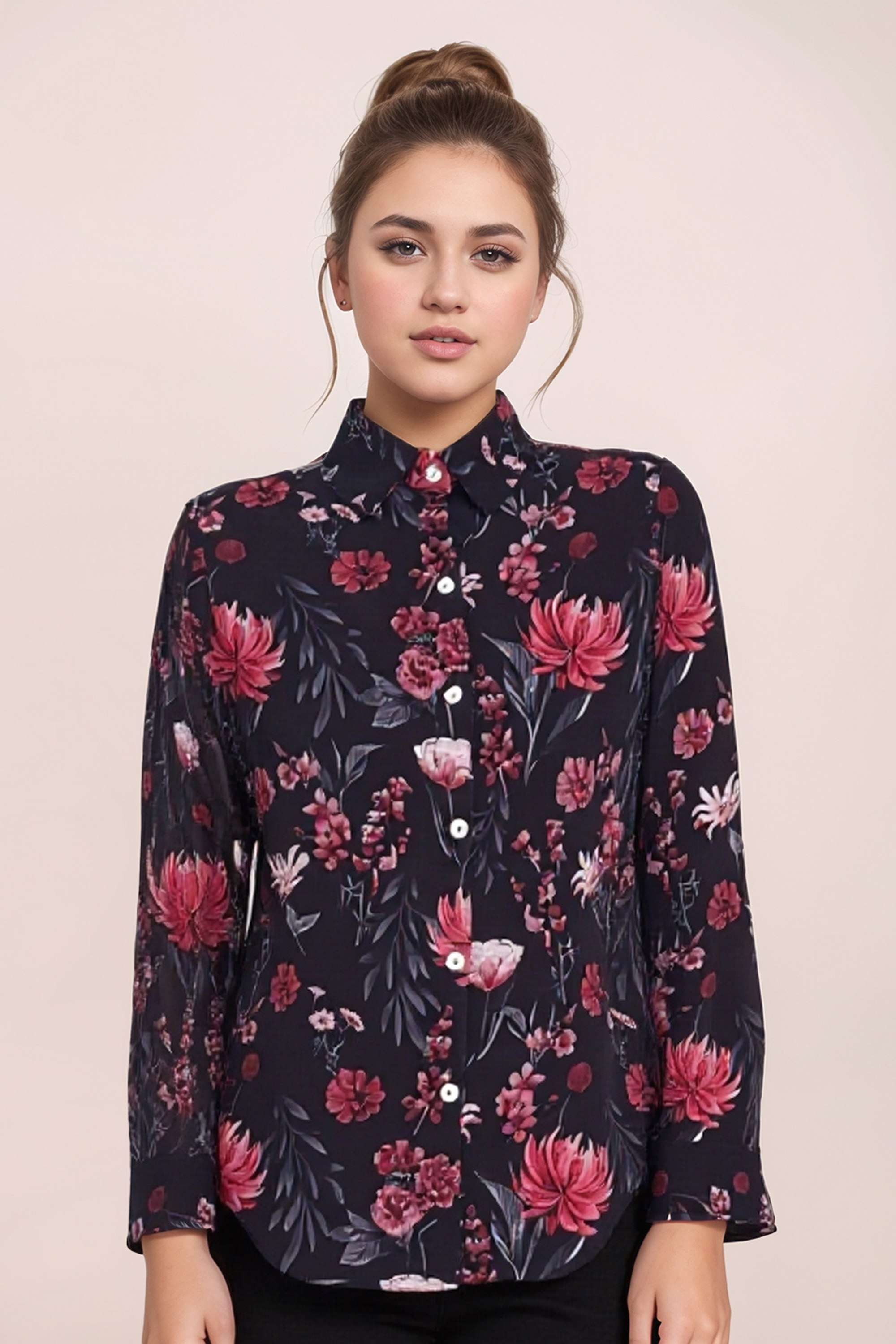 Floral-Polyester-Collared-Women-s-Top