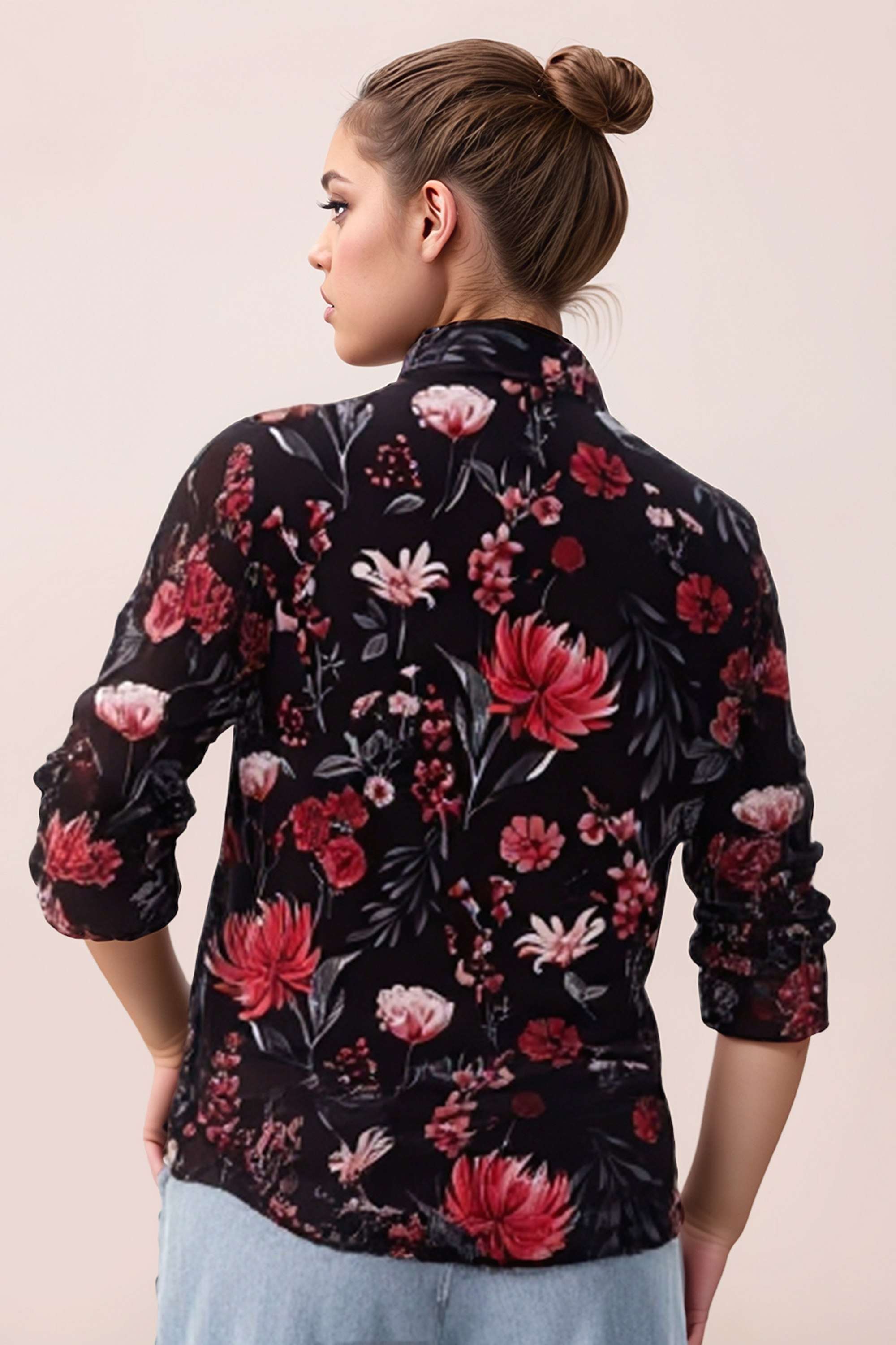 Floral-Polyester-Collared-Women-s-Top
