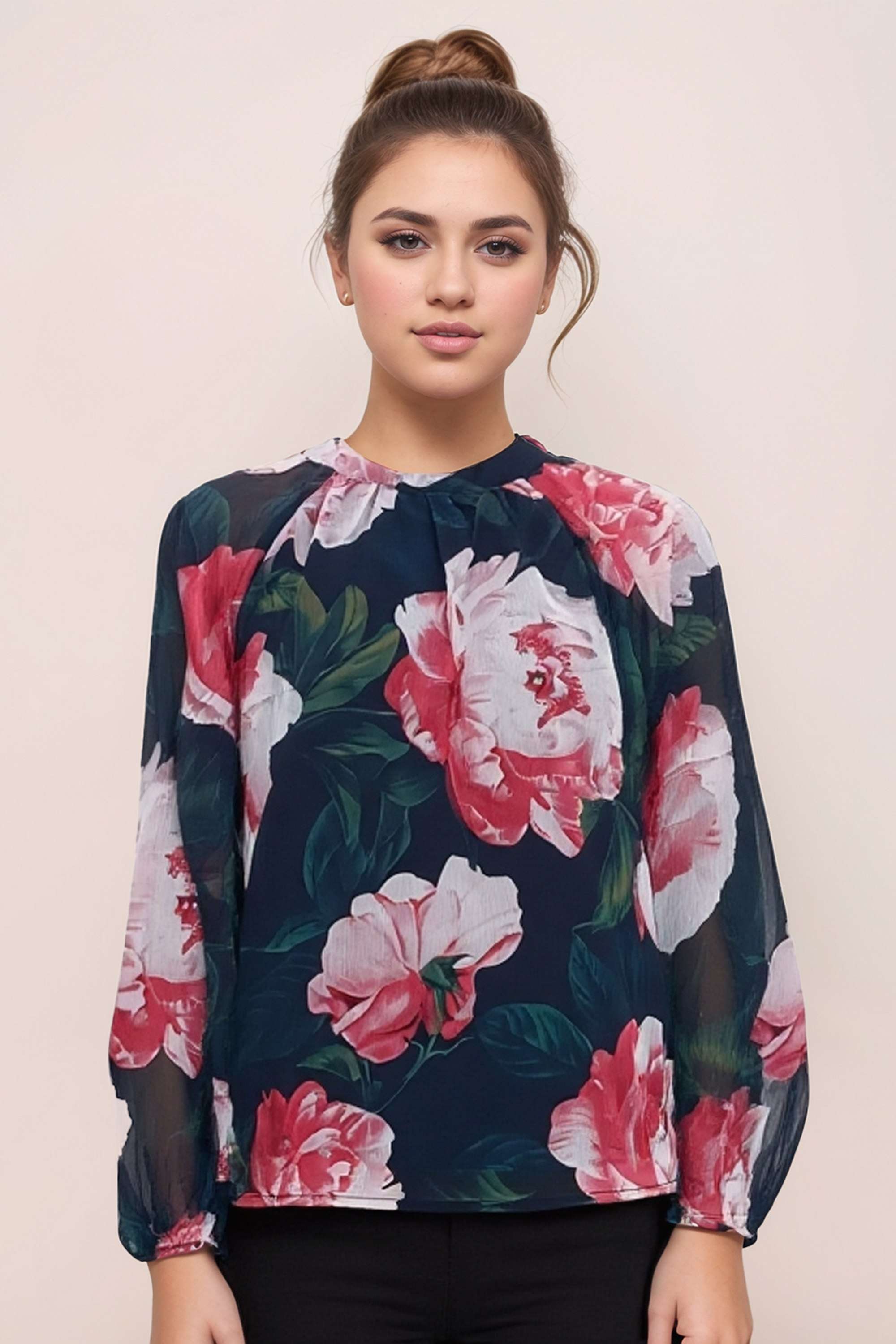 Floral-Polyester-Round-Neck-Women-s-Top