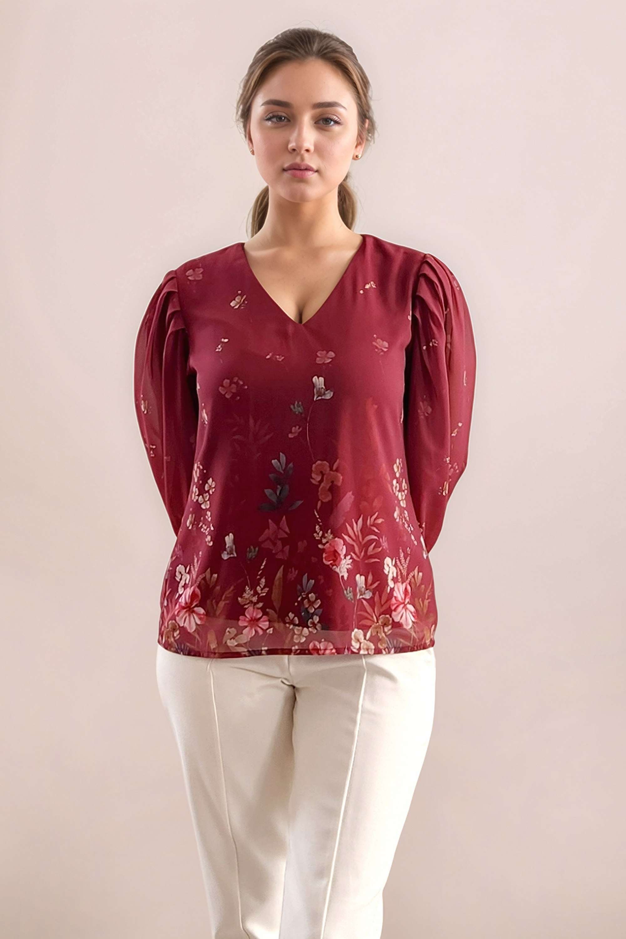 Floral-Polyester-V-Neck-Women-Top