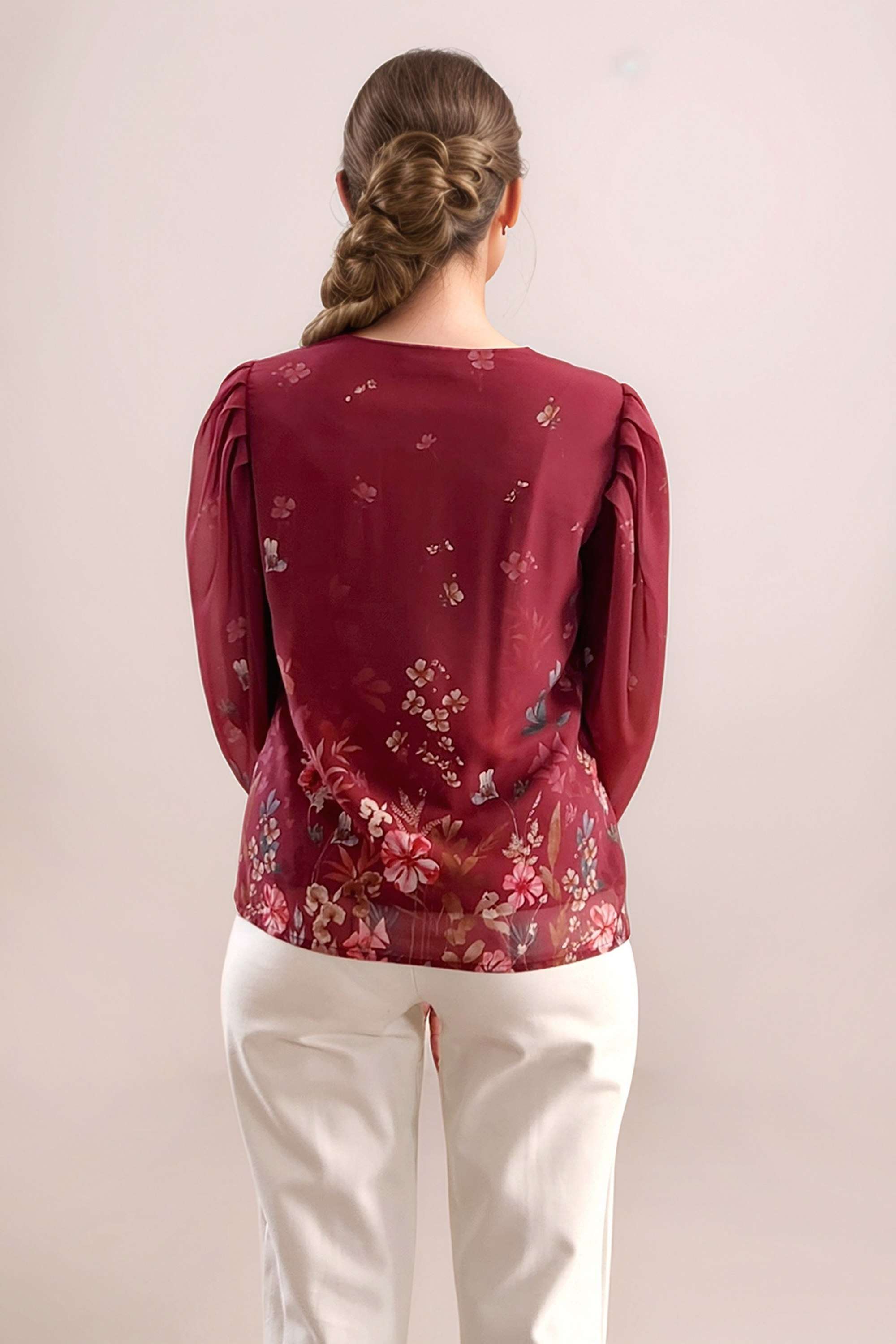 Floral-Polyester-V-Neck-Women-Top