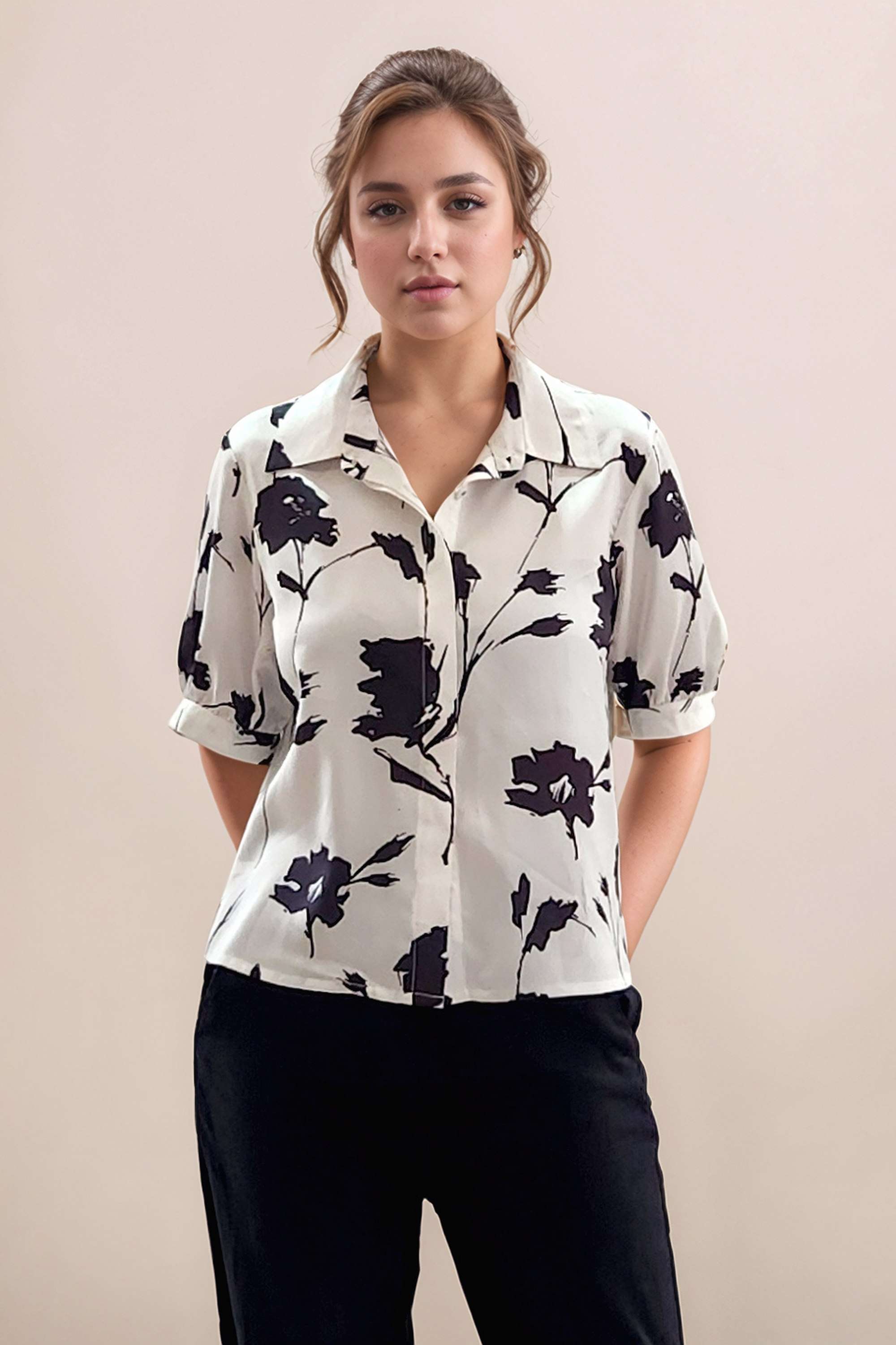 Floral-Polyester-Collared-Women-s-Top