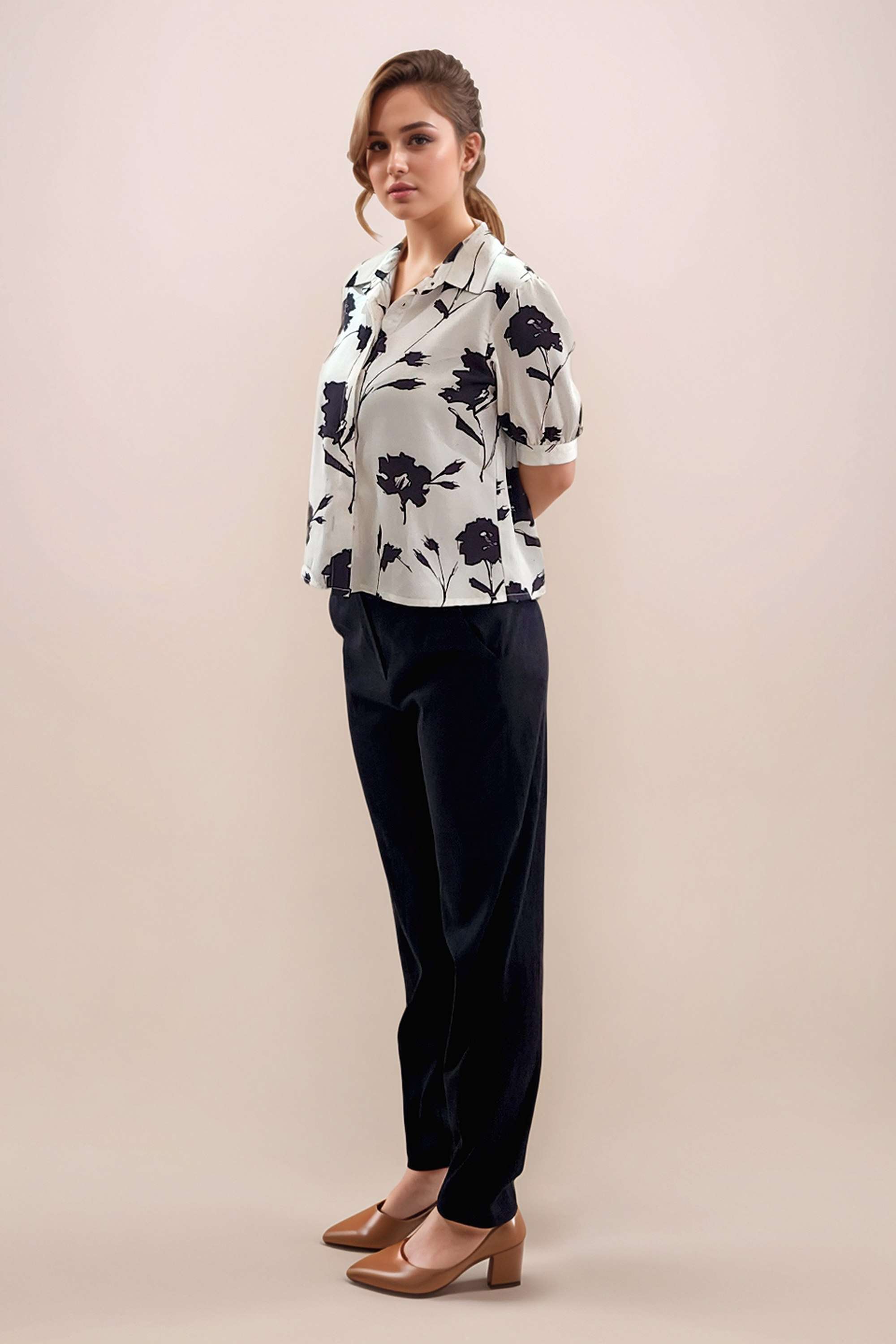 Buy Zink London White Floral Polyester Collared Women's Top