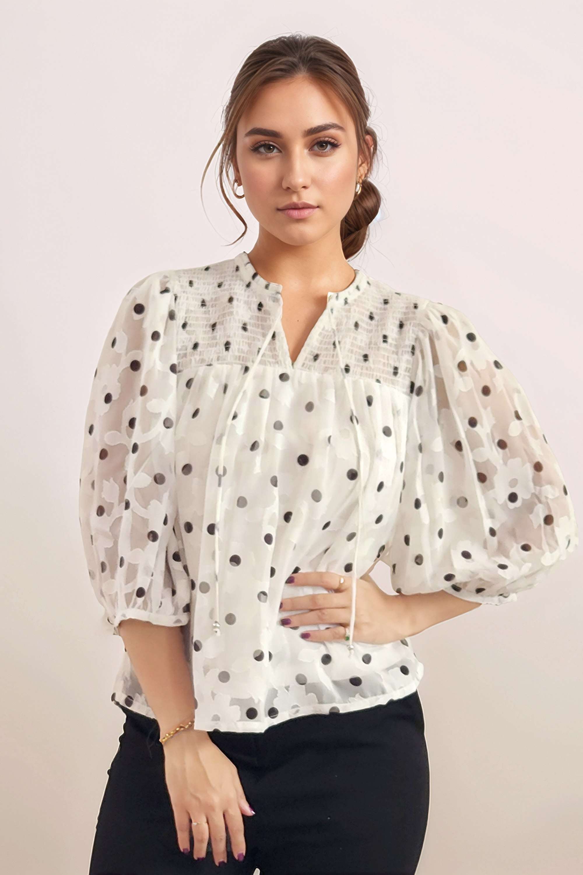 Floral-Polyester-V-Neck-Women-s-Top