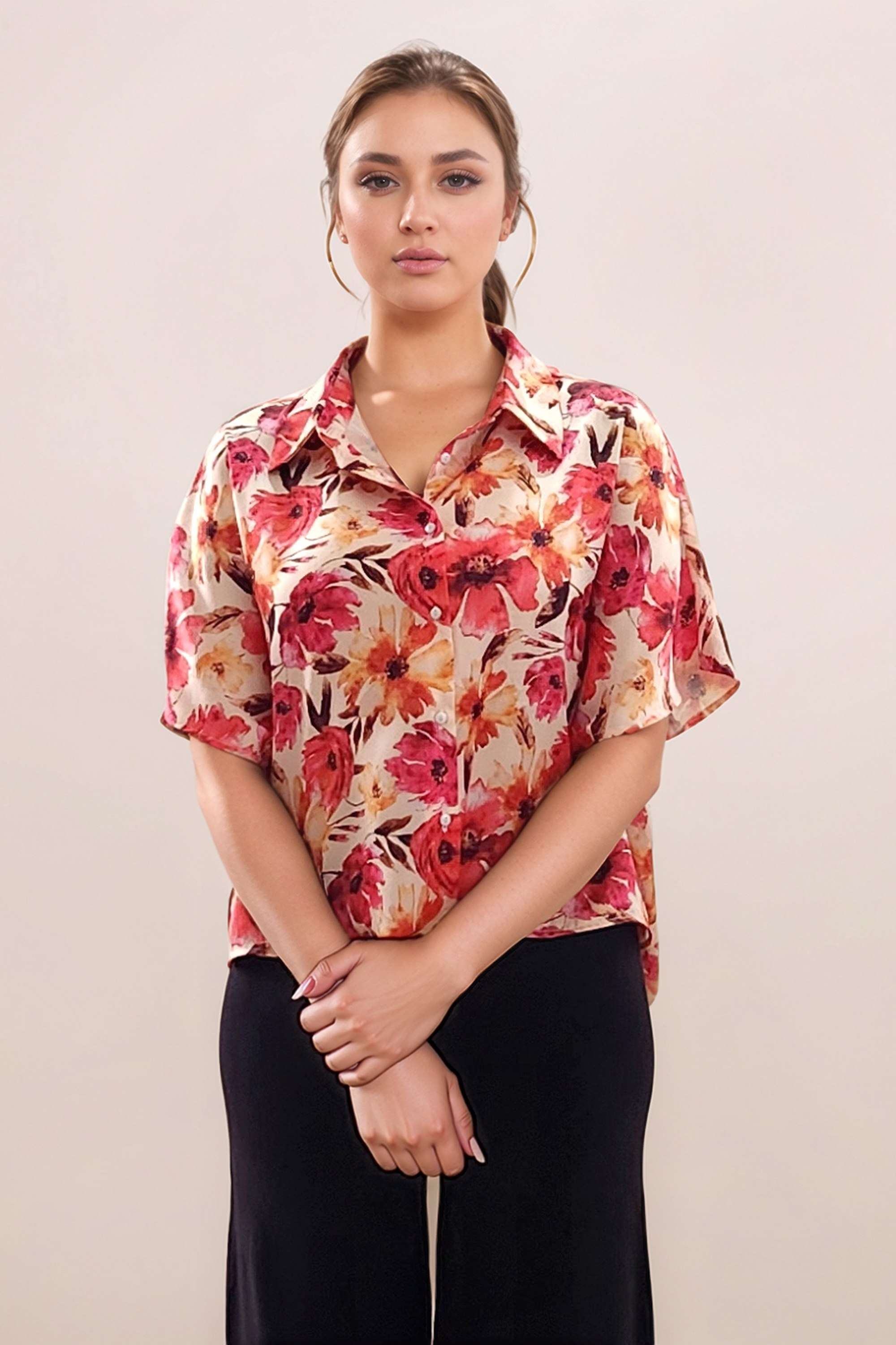 Floral-Polyester-Collared-Women-s-Top