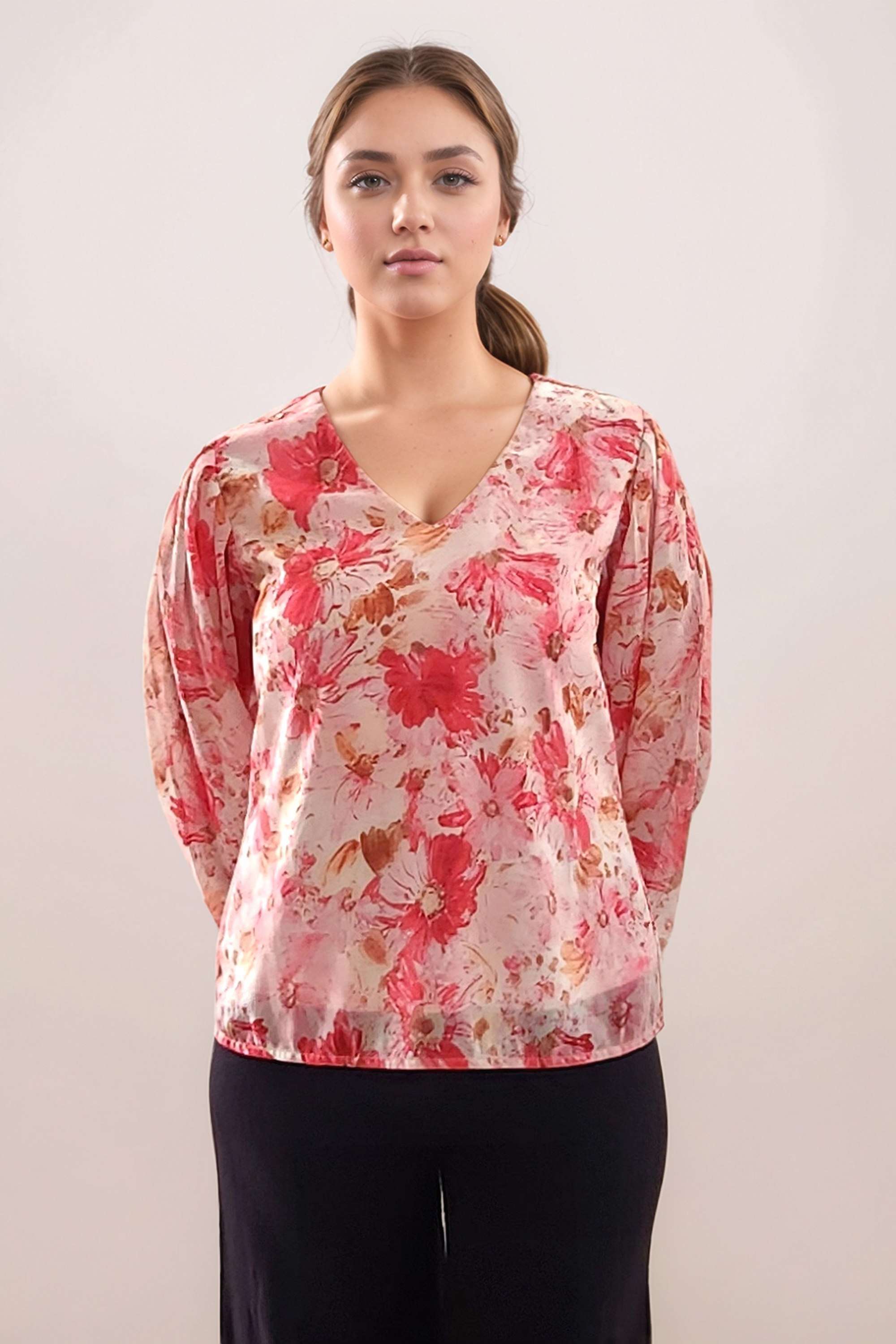 Floral-Polyester-V-Neck-Women-Top