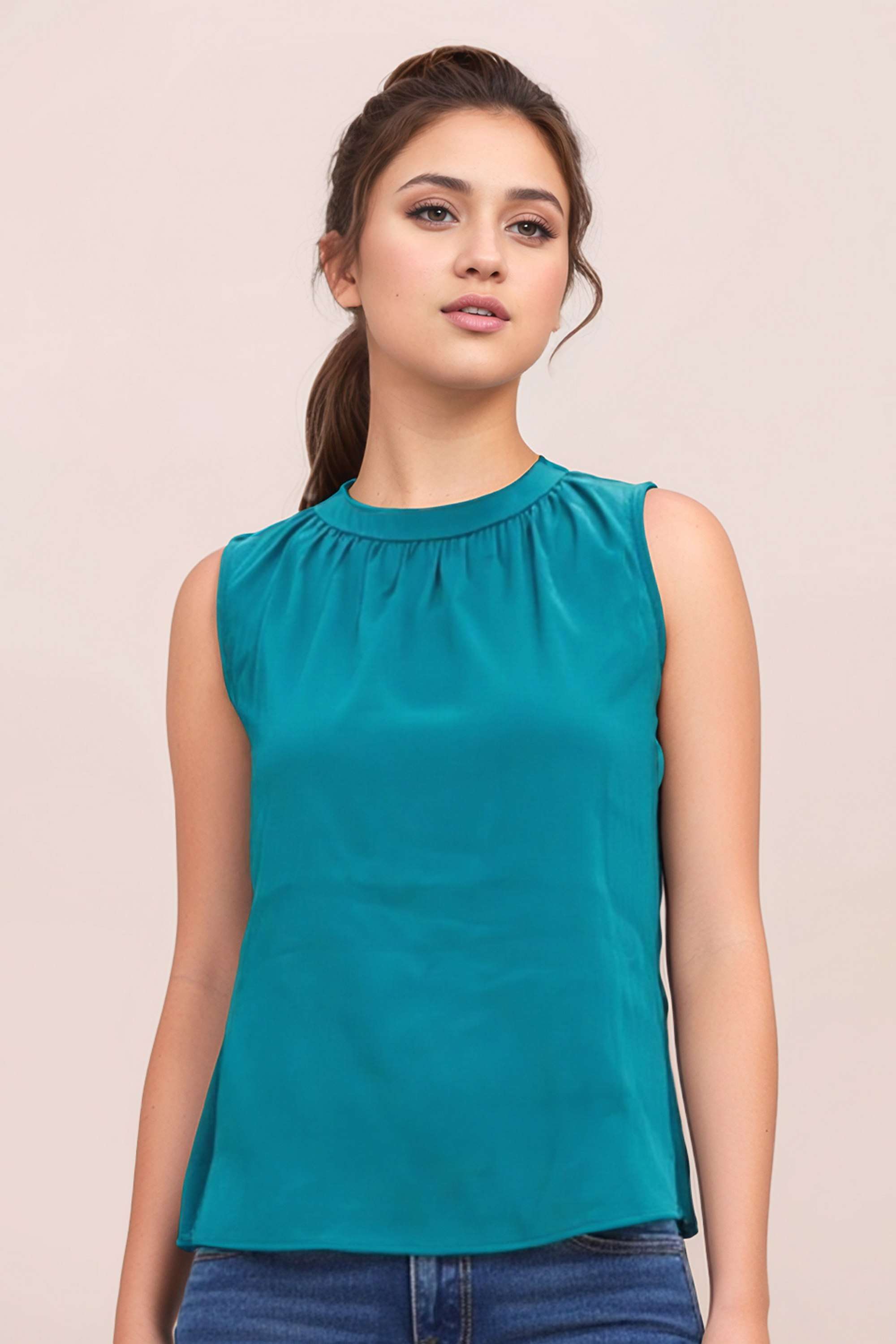 Solid-Polyester-Round-Neck-Women-s-Top