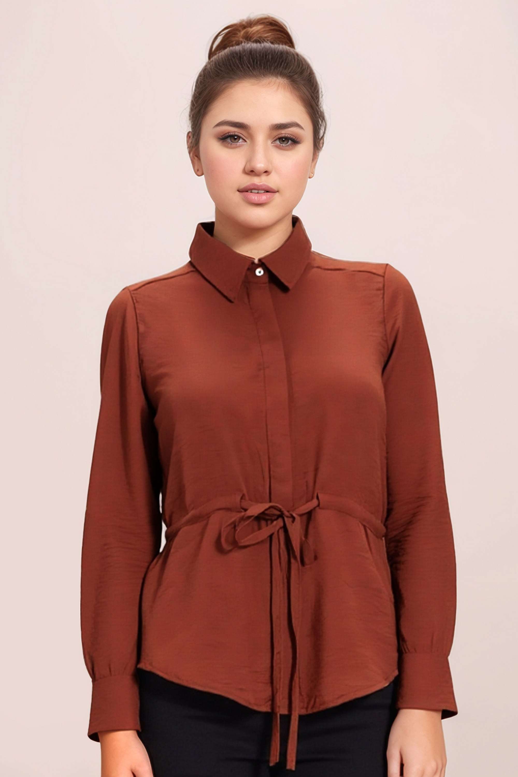 Solid-Blended-Fabric-Collared-Women-s-Top