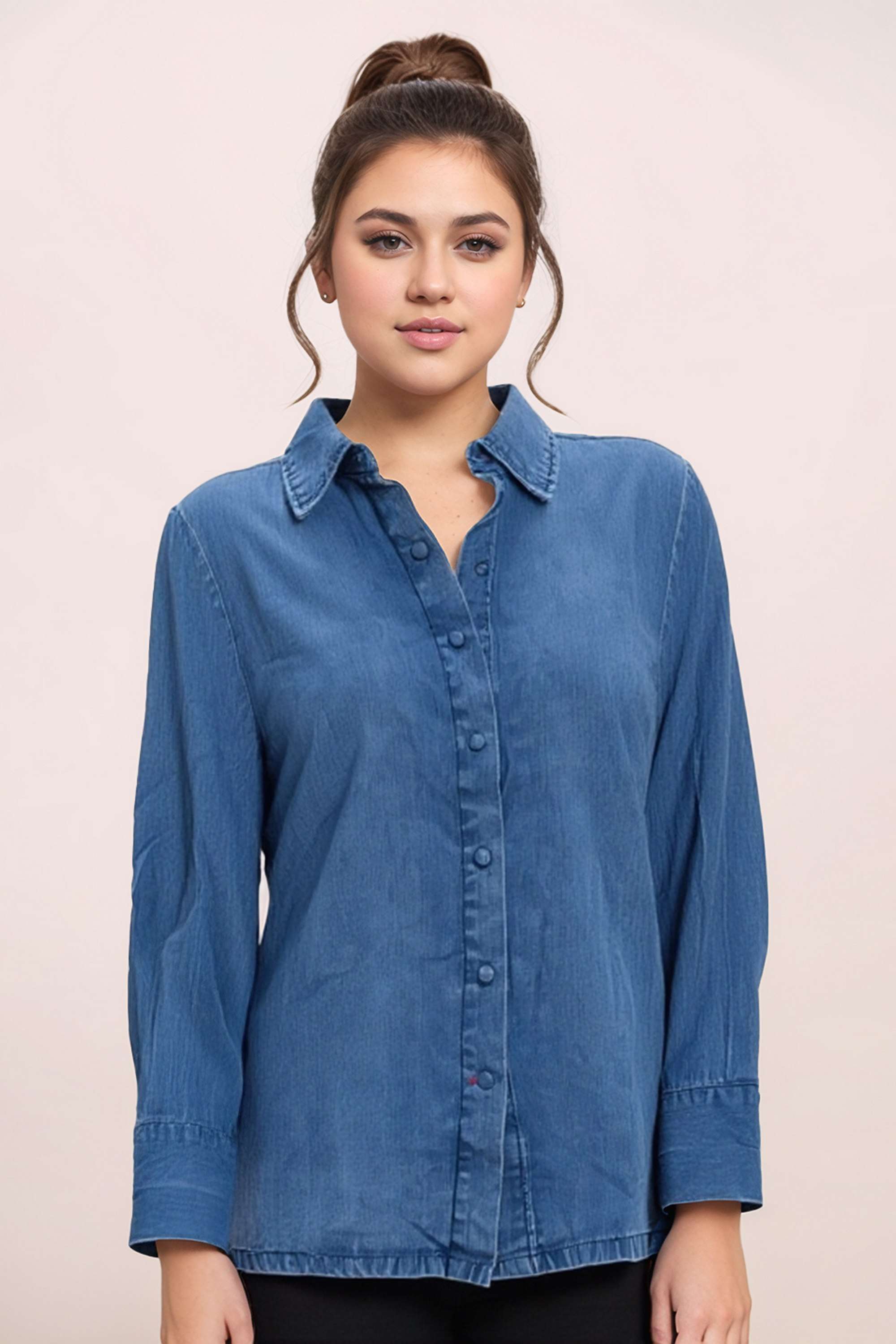 Solid-Blended-Fabric-Collared-Women-s-Top