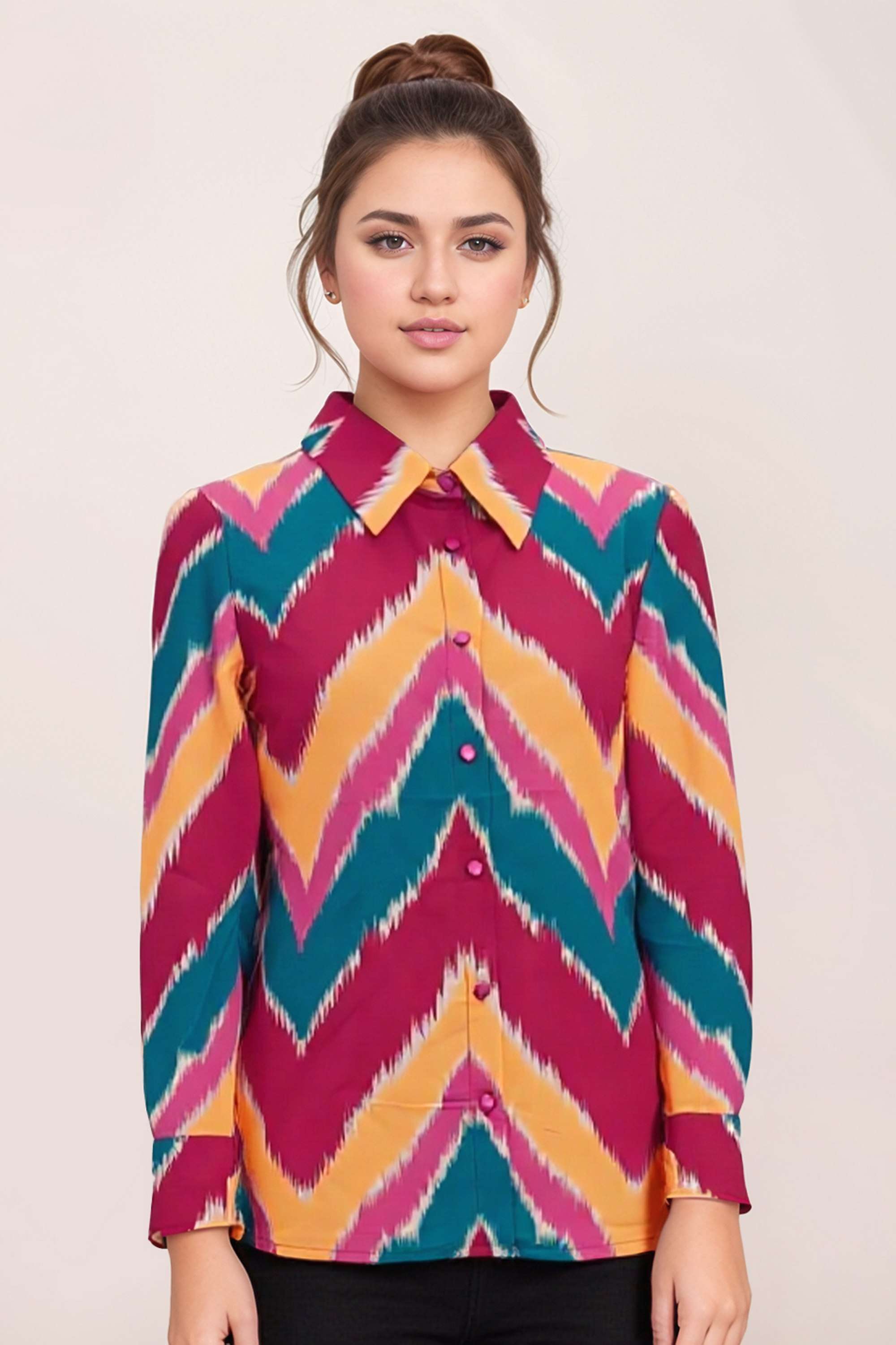 Geometric-Print-Polyester-Collared-Women-s-Top